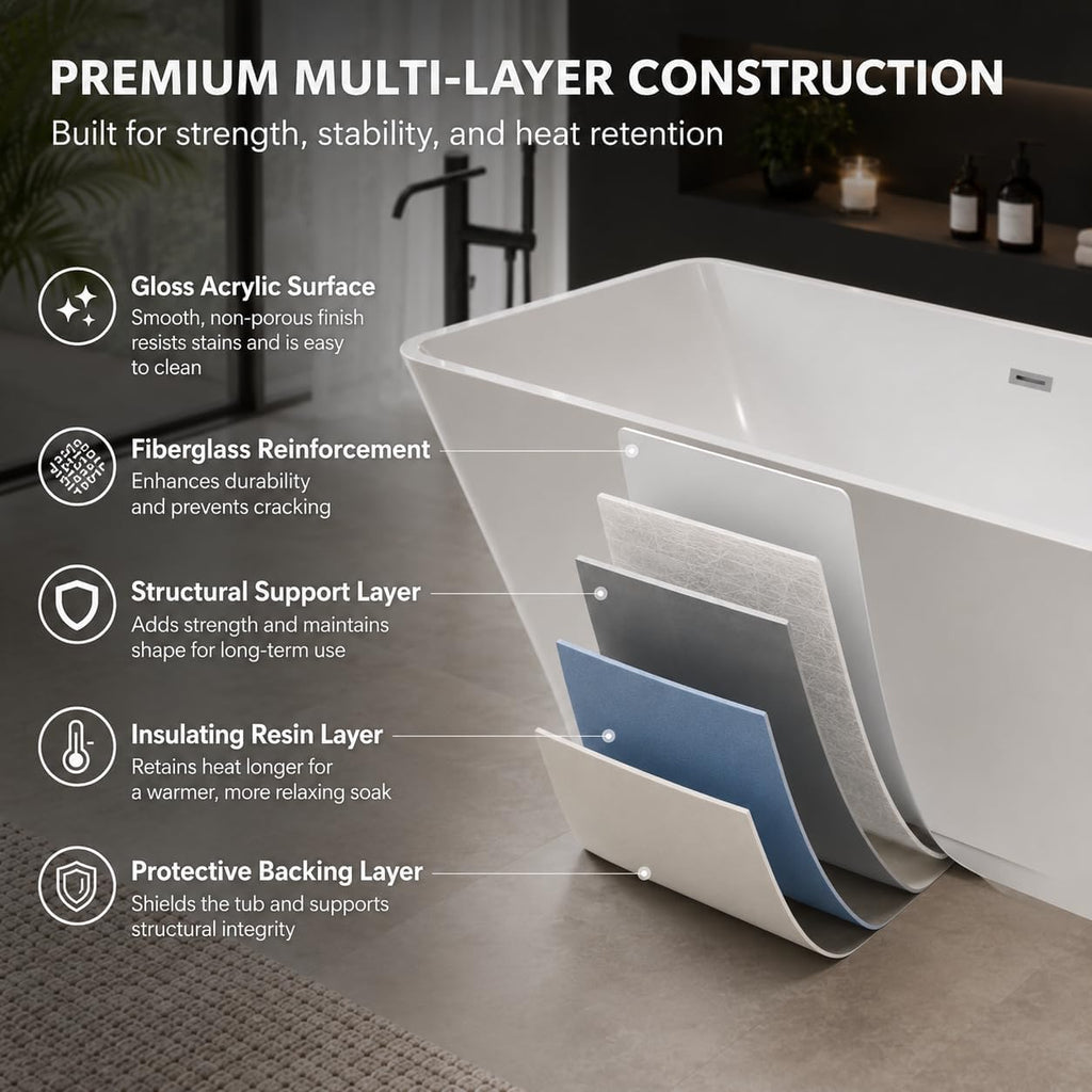 66' Freestanding Acrylic Soaking Tub,Large Freestanding Bathtub with Non-Slip Surface, Overflow and Drain Included, Freestanding Bathtub with Chrome Drain, Deep Stand-Alone Tub for Relaxing Home Spa