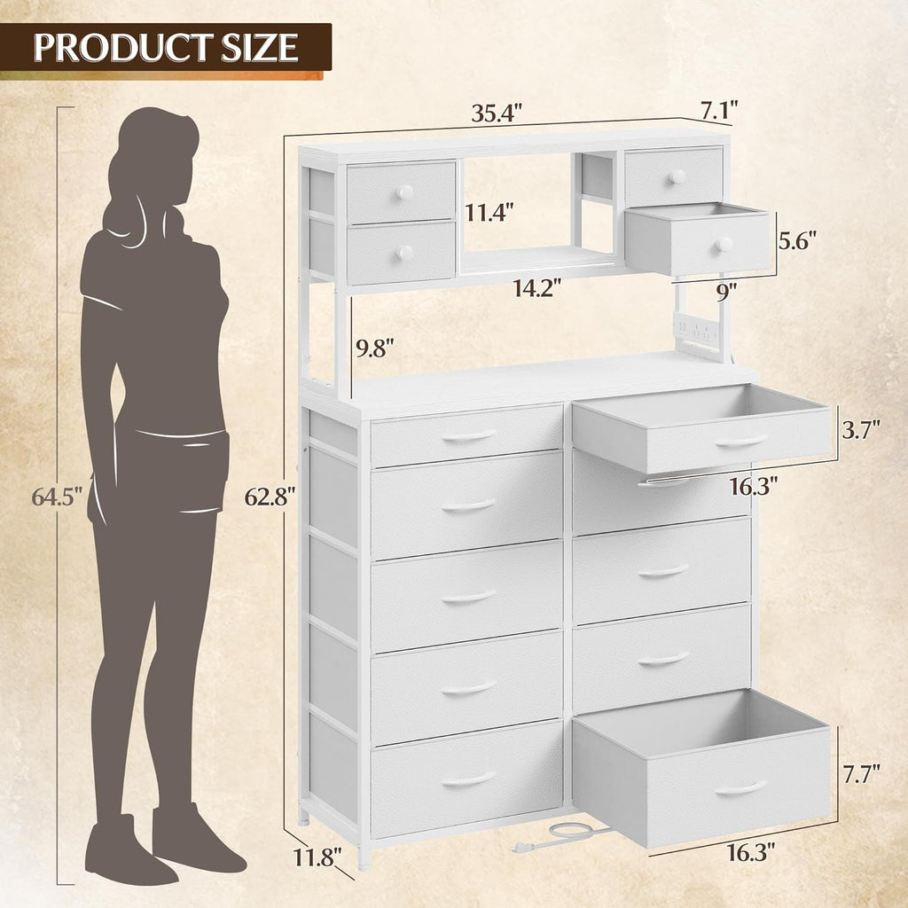 EnHomee 62.8' H Dresser for Bedroom with Multiple Fabric Drawers,White Dresser with Charging Station and LED Lights,Dressers & Chests of Drawers for Bedroom, Steel Frame & Wooden Top, Entryway