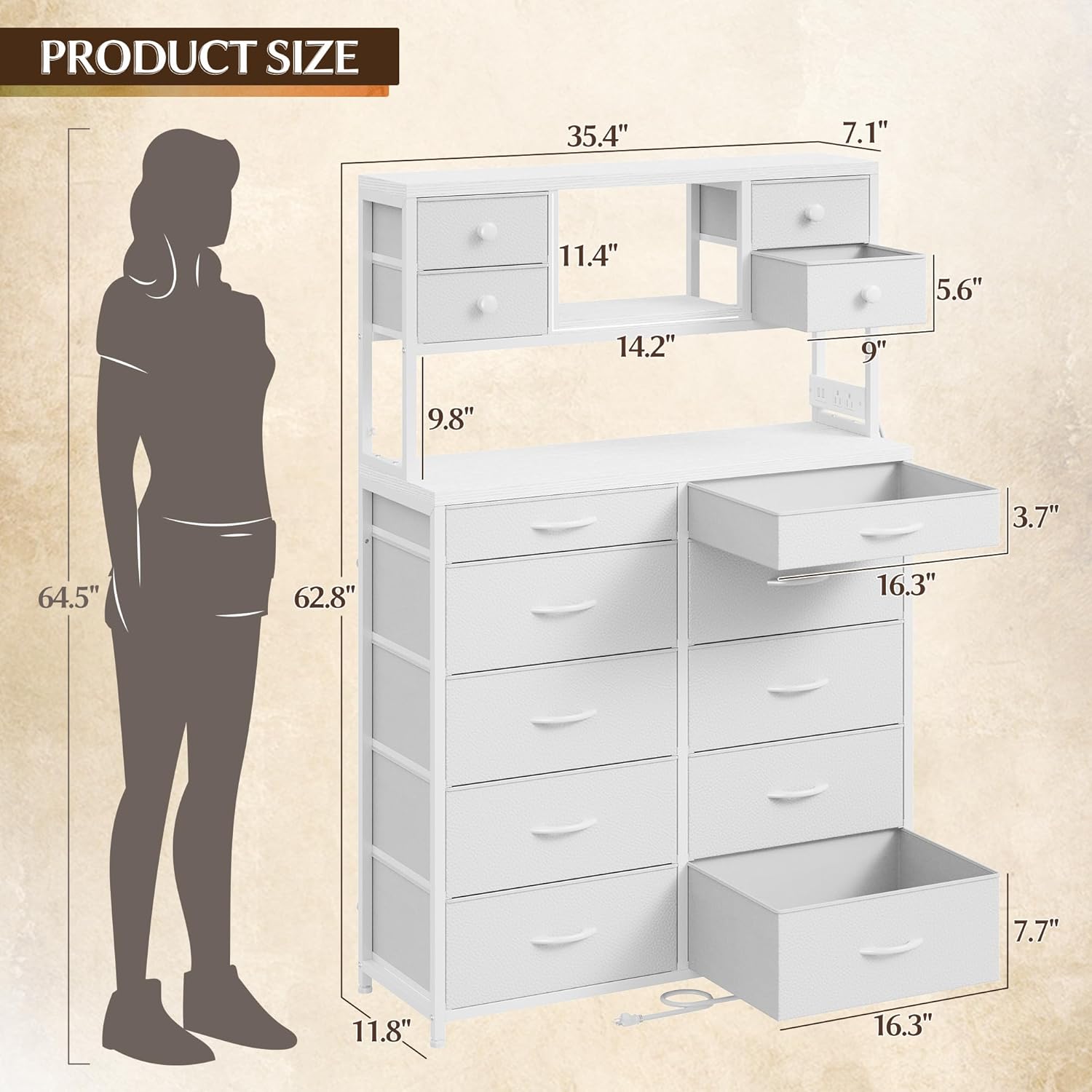 EnHomee 62.8' H Dresser for Bedroom with Multiple Fabric Drawers,White Dresser with Charging Station and LED Lights,Dressers & Chests of Drawers for Bedroom, Steel Frame & Wooden Top, Entryway