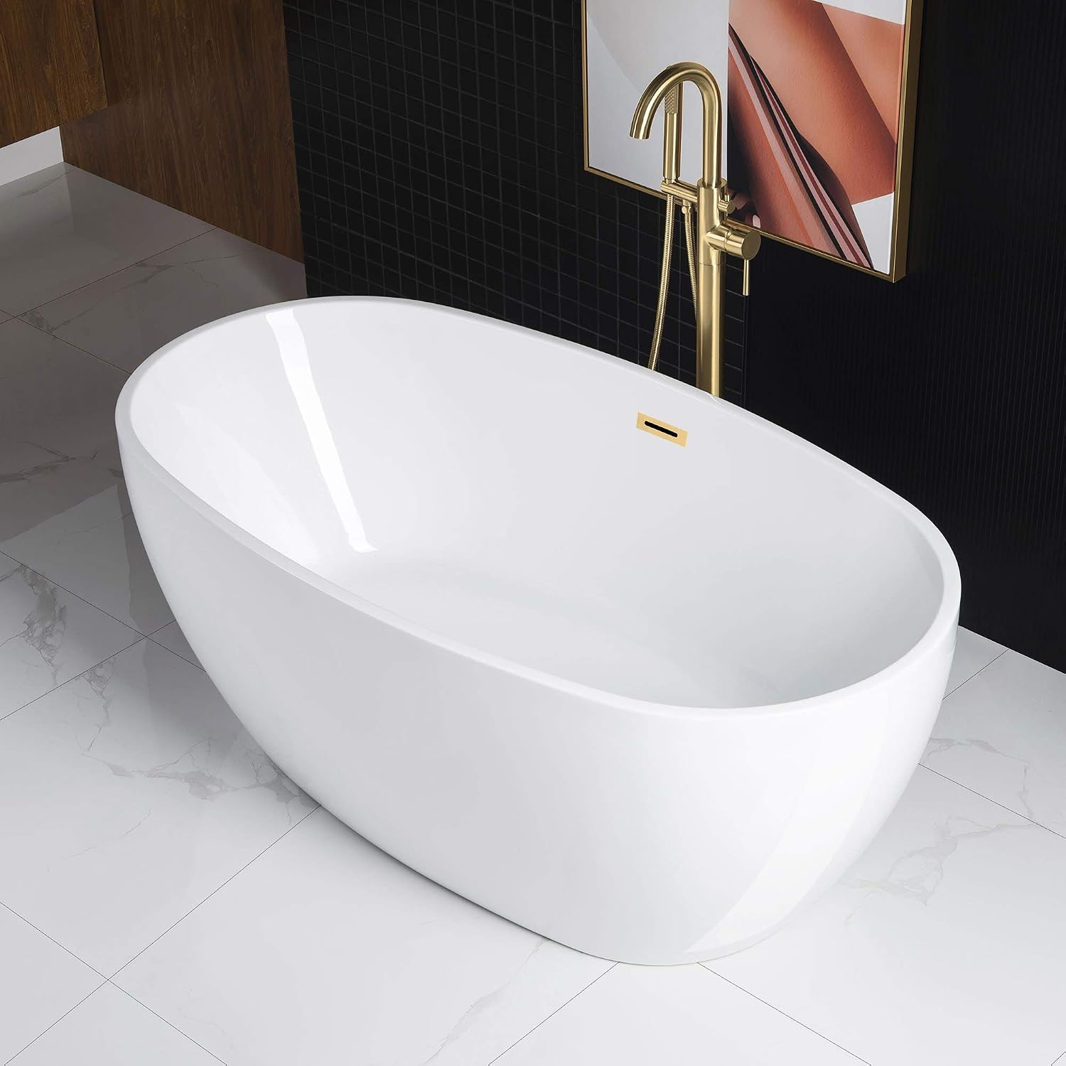 WOODBRIDGE 59'Freestanding White Acylic Soaking Bathtub with Brushed Gold Drain and Overflow,BTA1518 -BG-Drain &O