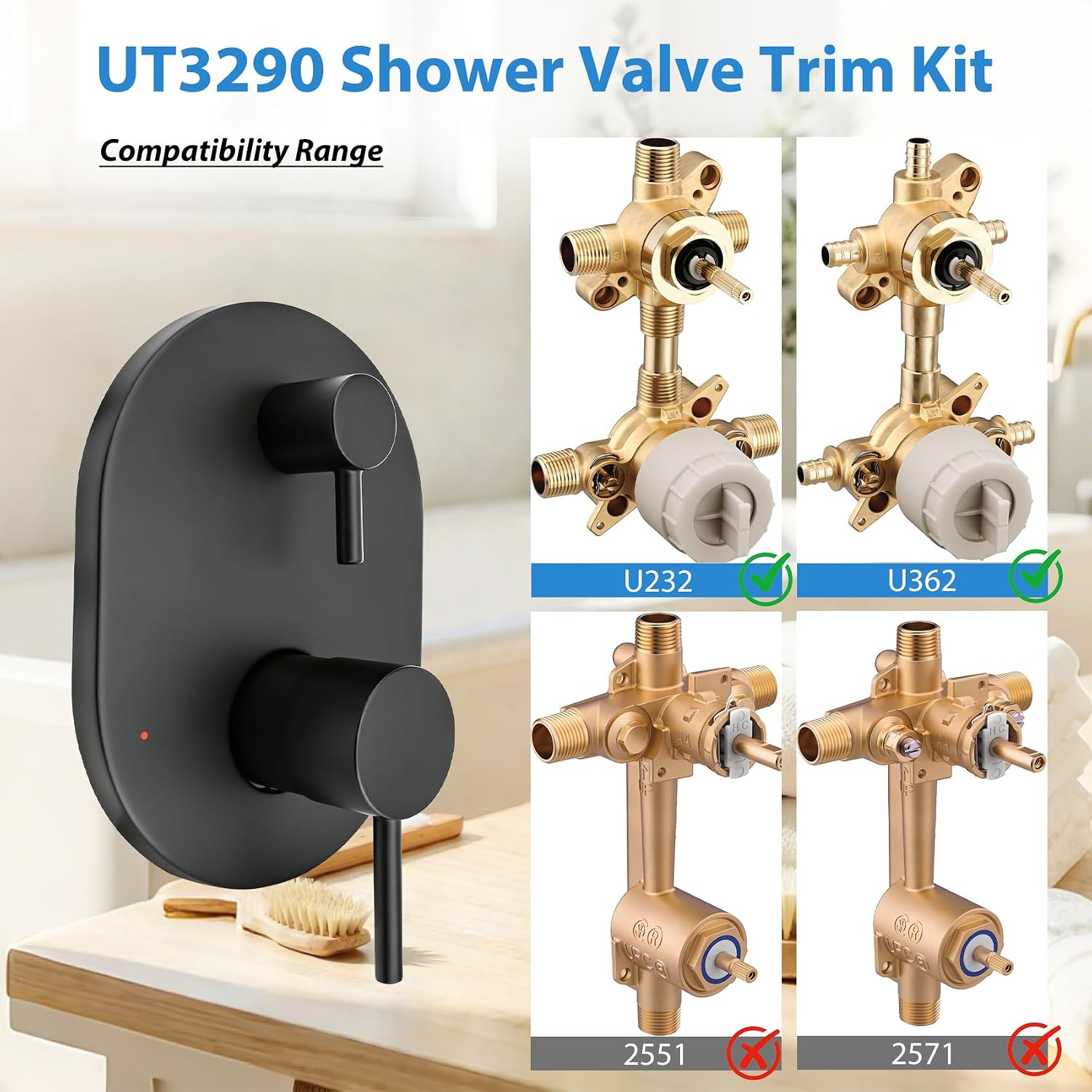 UT3290BL Shower Valve Trim Kit for Moen Align Matte Black M-CORE 3-Series 2-Handle Shower Faucet Trim, Shower Handle UT3290 UT3290BN UT3290BG, Include 1213 Cartridge, U232 U362 Valve Required. -2 Year