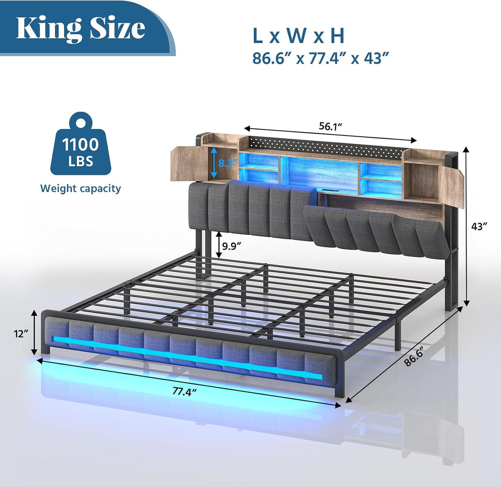CSZZD King Size Bed Frame and Bookcase Storage Headboard, LED Upholstered Platform Bed Frame with USB Charging Station, Heavy Duty Metal Slats, No Box Spring Needed, Easy Assembly, Oak Gray