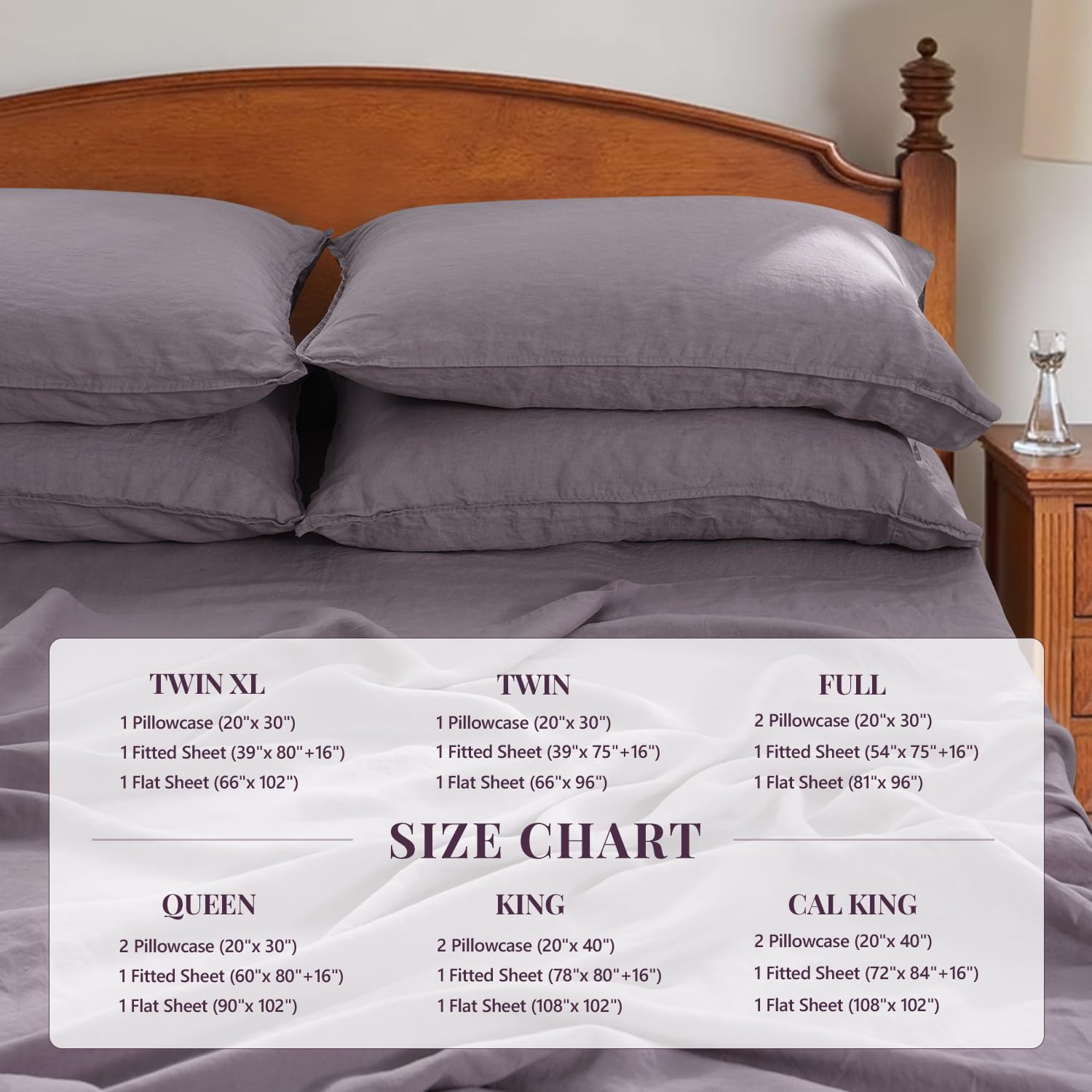 S VICTORY SYMBOL 100% Organic Linen Sheets Set Twin XL Size,Washed Natural French Flax Bed Sheets 3 Pieces,16inch Deep Pocket Linen Bedding for Hot Sleepers,Dusty Purple