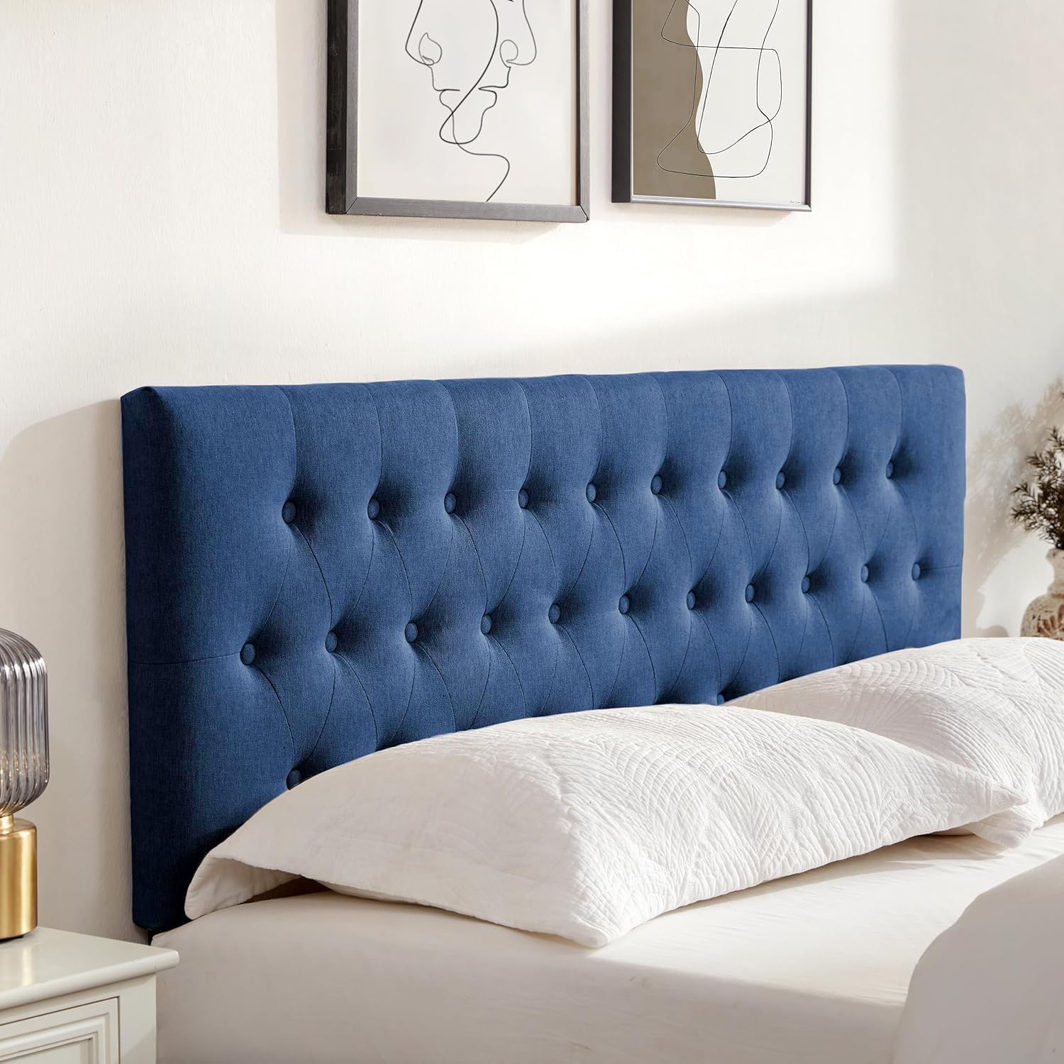 Huatean Home Tufted Upholstered Headboard Queen Size, Solid Wood Head Board with Metal Legs, Adjustable Height Bed headboard from 37' to 51' Fabric Headboard in Modern Button Design, Blue
