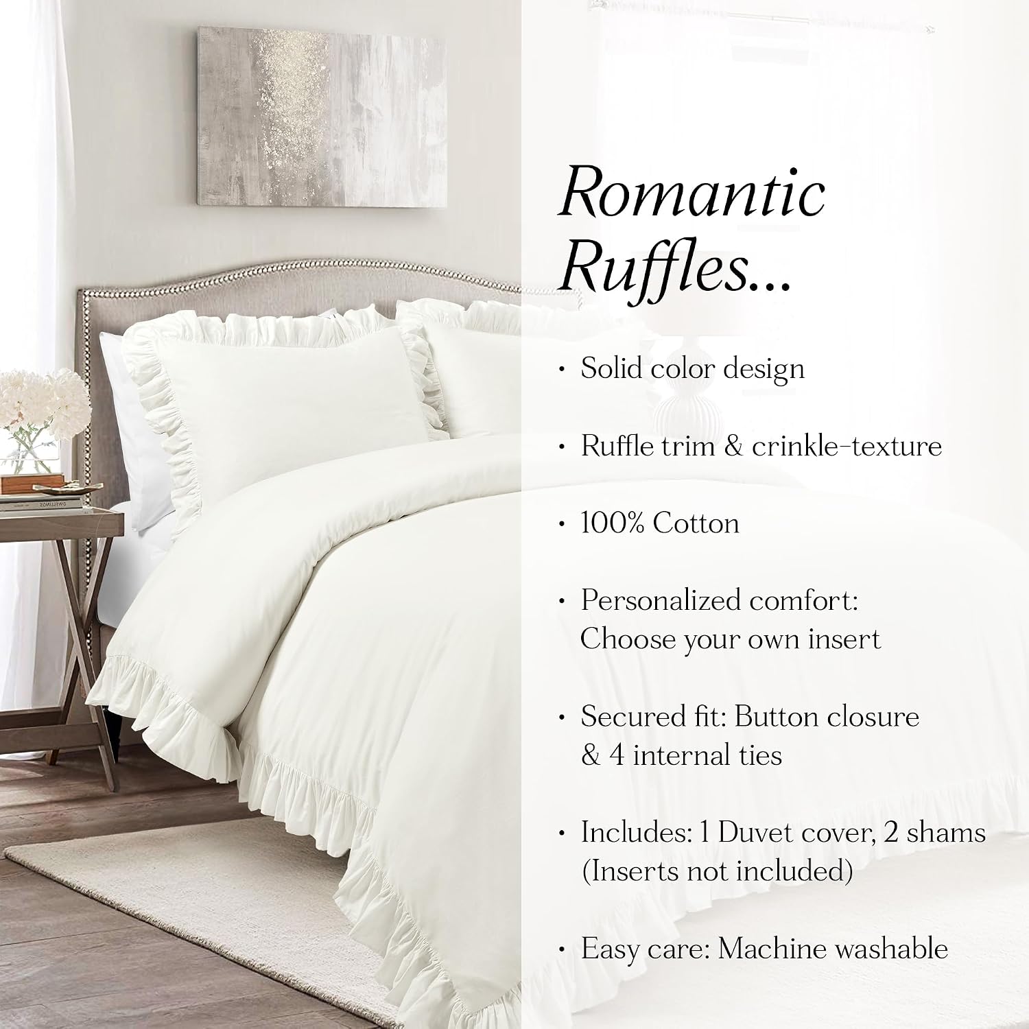 Lush Decor Reyna Ruffle Cotton Duvet Cover Set 3 Piece Set California King, White - King Size Bedding Set - White Duvet King - Ruffled Bedding - Coquette Decor