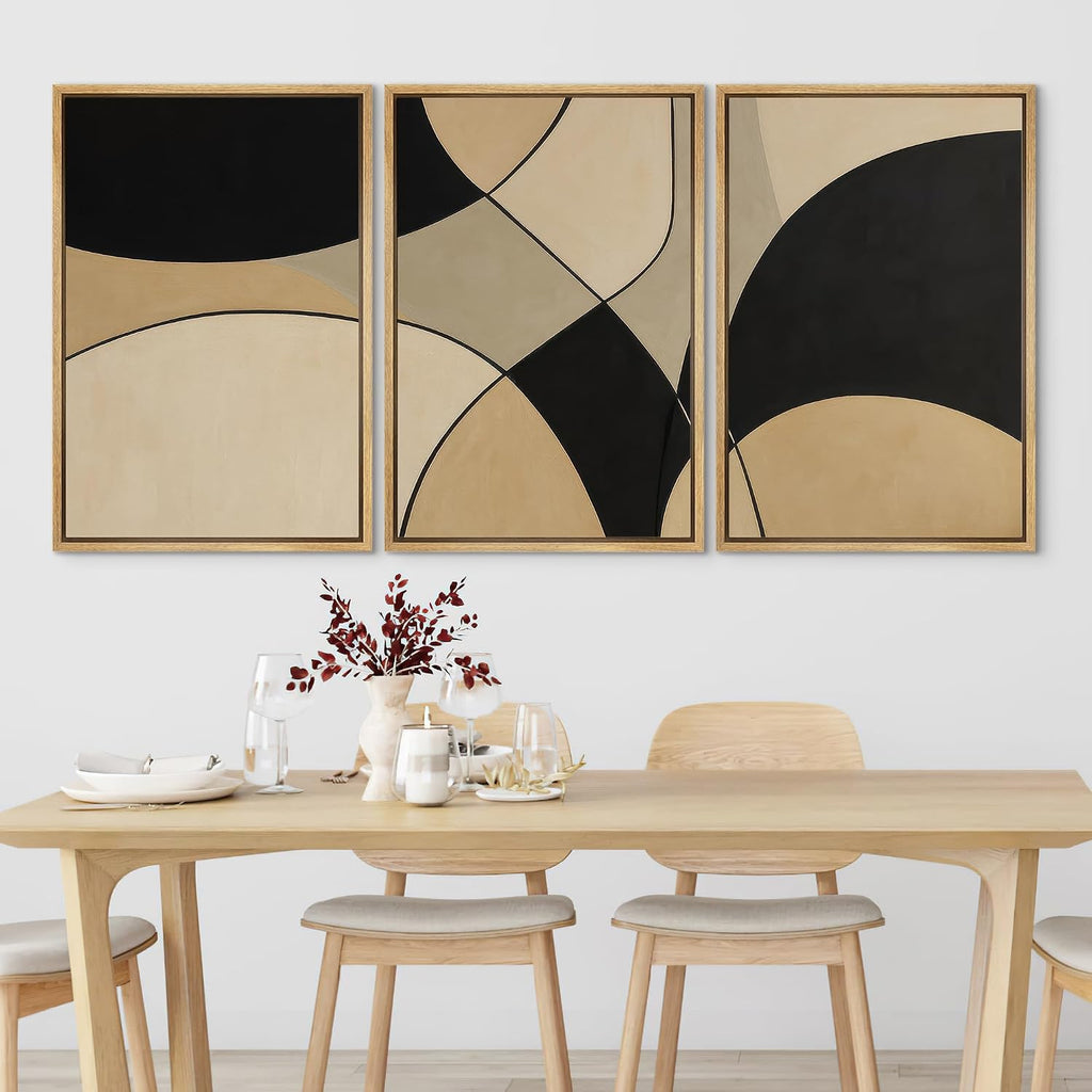 SIGNLEADER Framed Canvas Print Wall Art Set Modern Black Beige Geometric Arc Abstract Illustrations Modern Art Boho Decorative for Living Room, Bedroom, Office - 16'x24'x3 NATURAL