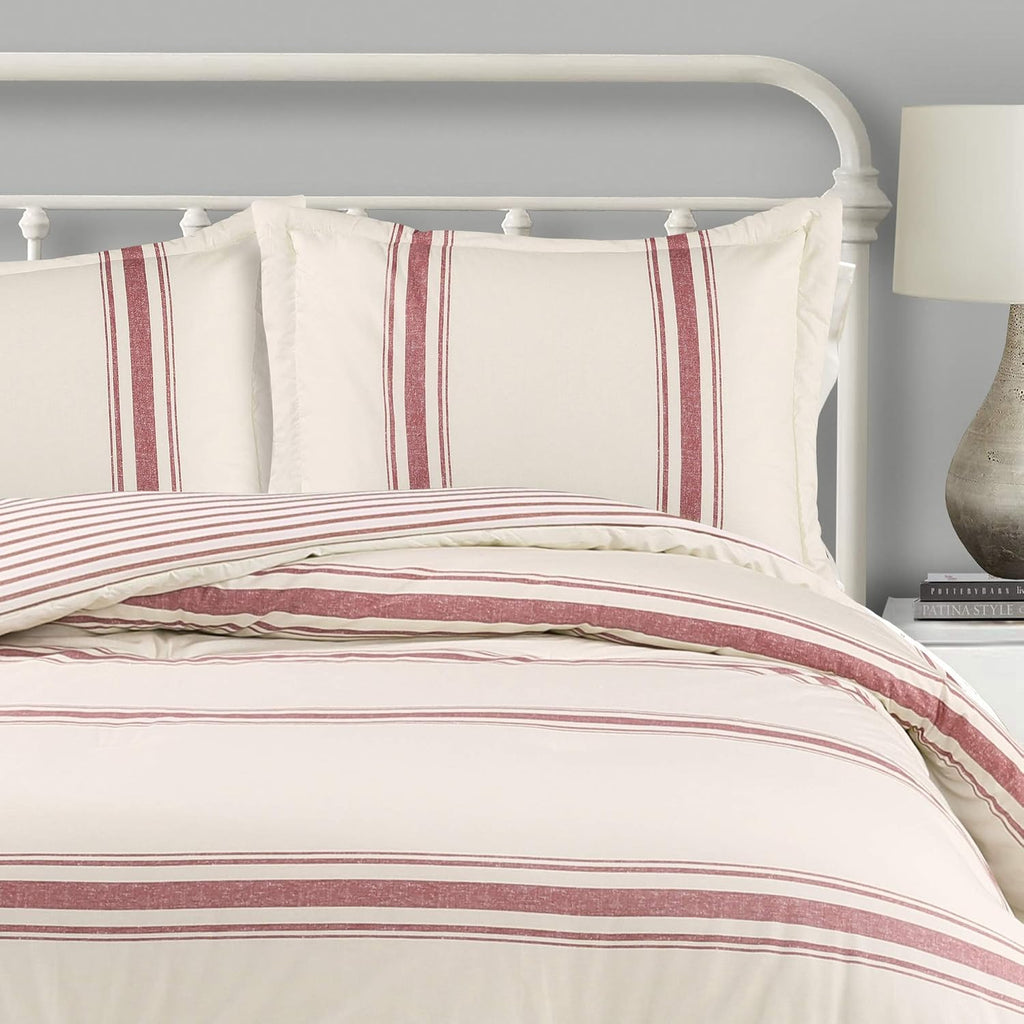 Lush Decor Farmhouse Stripe Reversible Cotton Comforter Set, 3 Piece Set, Full/ Queen, Red - Cozy Farmhouse Bedding Set - Rustic Decor - Striped Comforter - Modern Farmhouse Bedroom Decor