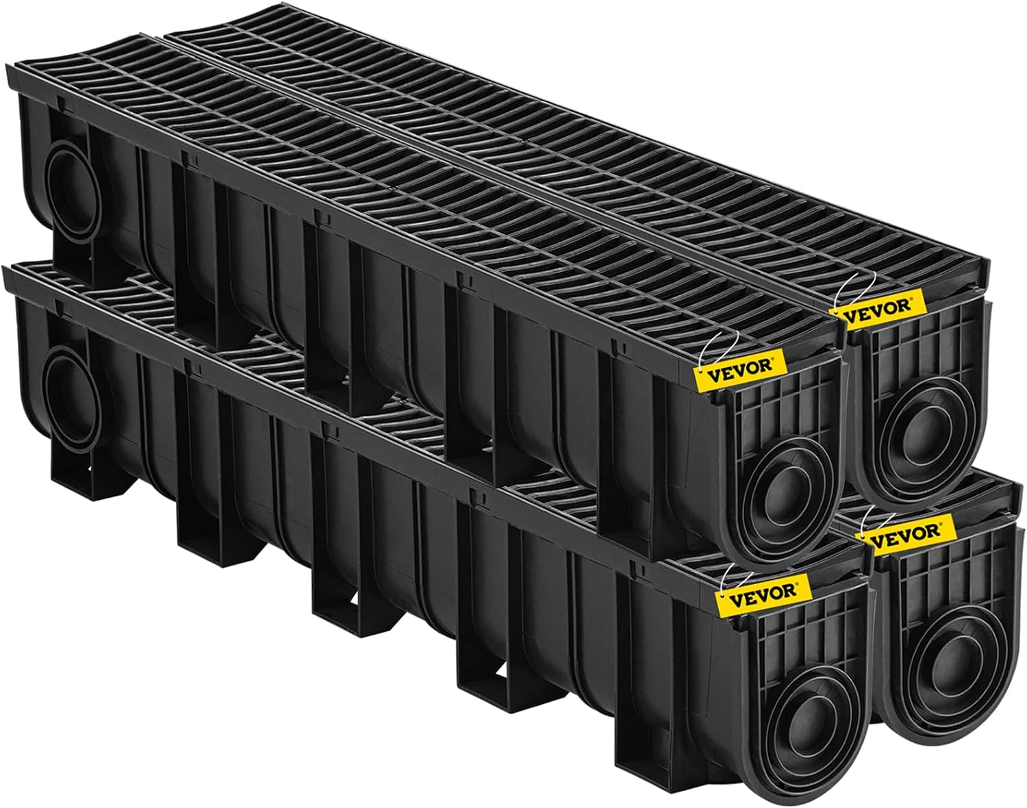 VEVOR Trench Drain System 4 Pack, Channel Drain with Plastic Grate 5.9 x 7.5 in HDPE Drainage Trench, Black Plastic Garage Floor Waterway 4 x 39 in with 4 End Caps for Garden Driveway