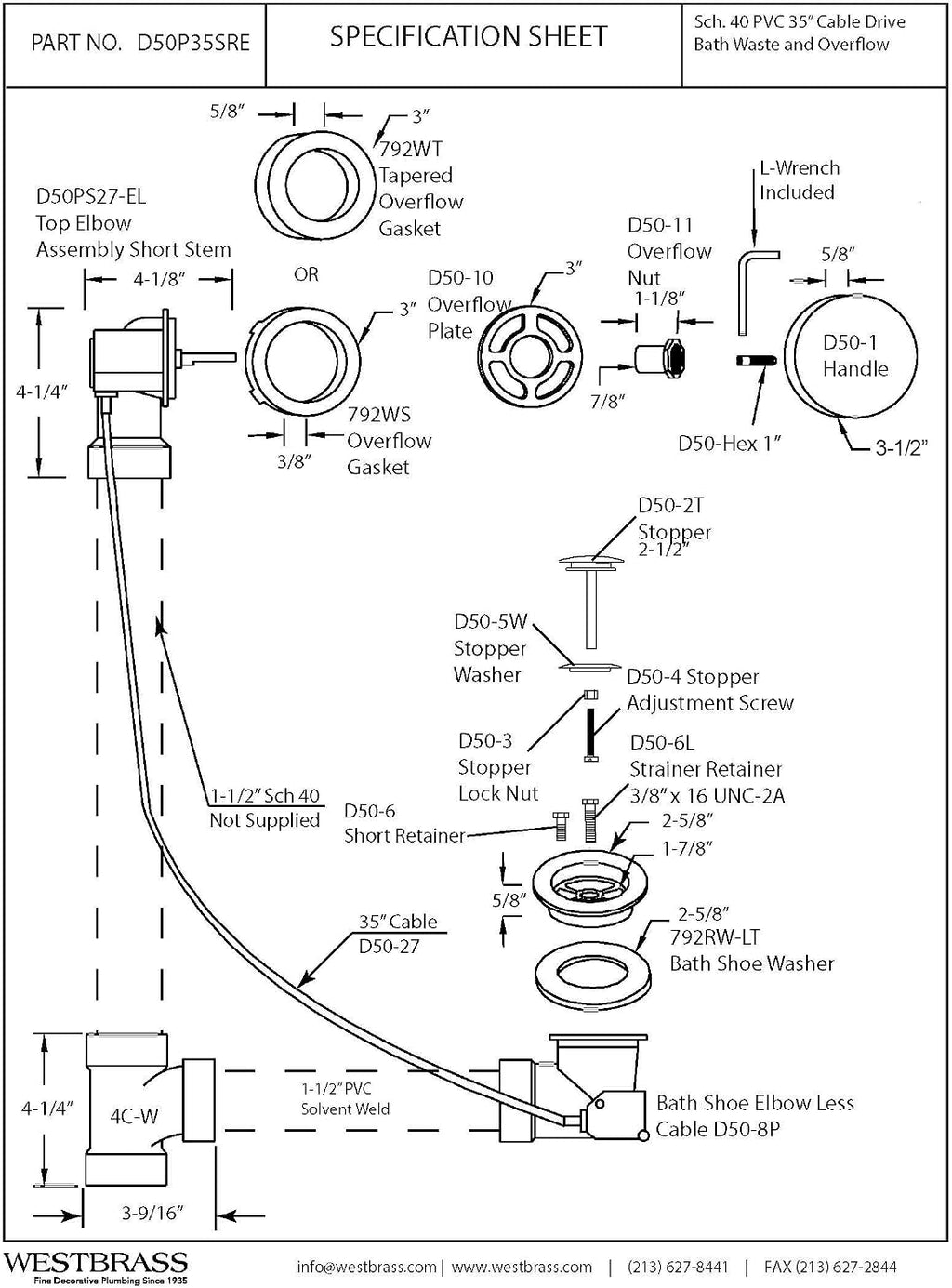 Westbrass D50P35SRE-62 35' Cable Drive Bathtub Drain Trim with Rotary Overflow Cover Knob, Pop-Up Stopper Sch. 40 PVC Fittings, Matte Black