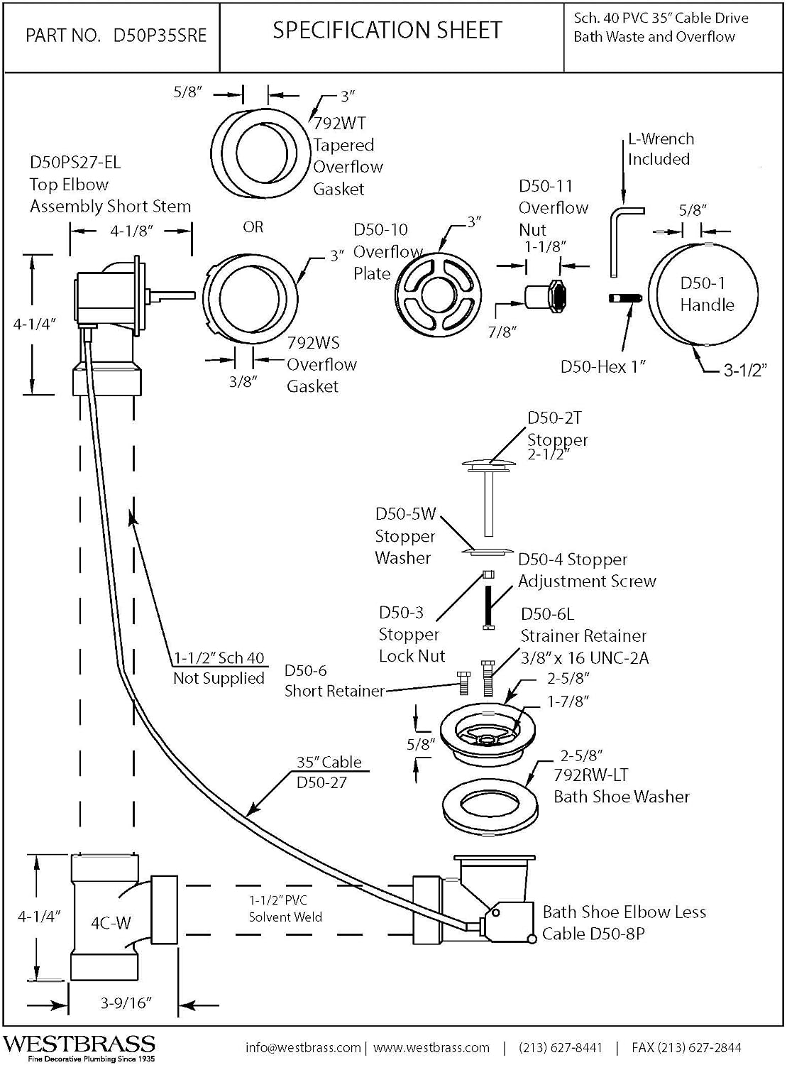 Westbrass D50P35SRE-05 35' Cable Drive Bathtub Drain Trim with Rotary Overflow Cover Knob, Pop-Up Stopper Sch. 40 PVC Fittings, Polished Nickel