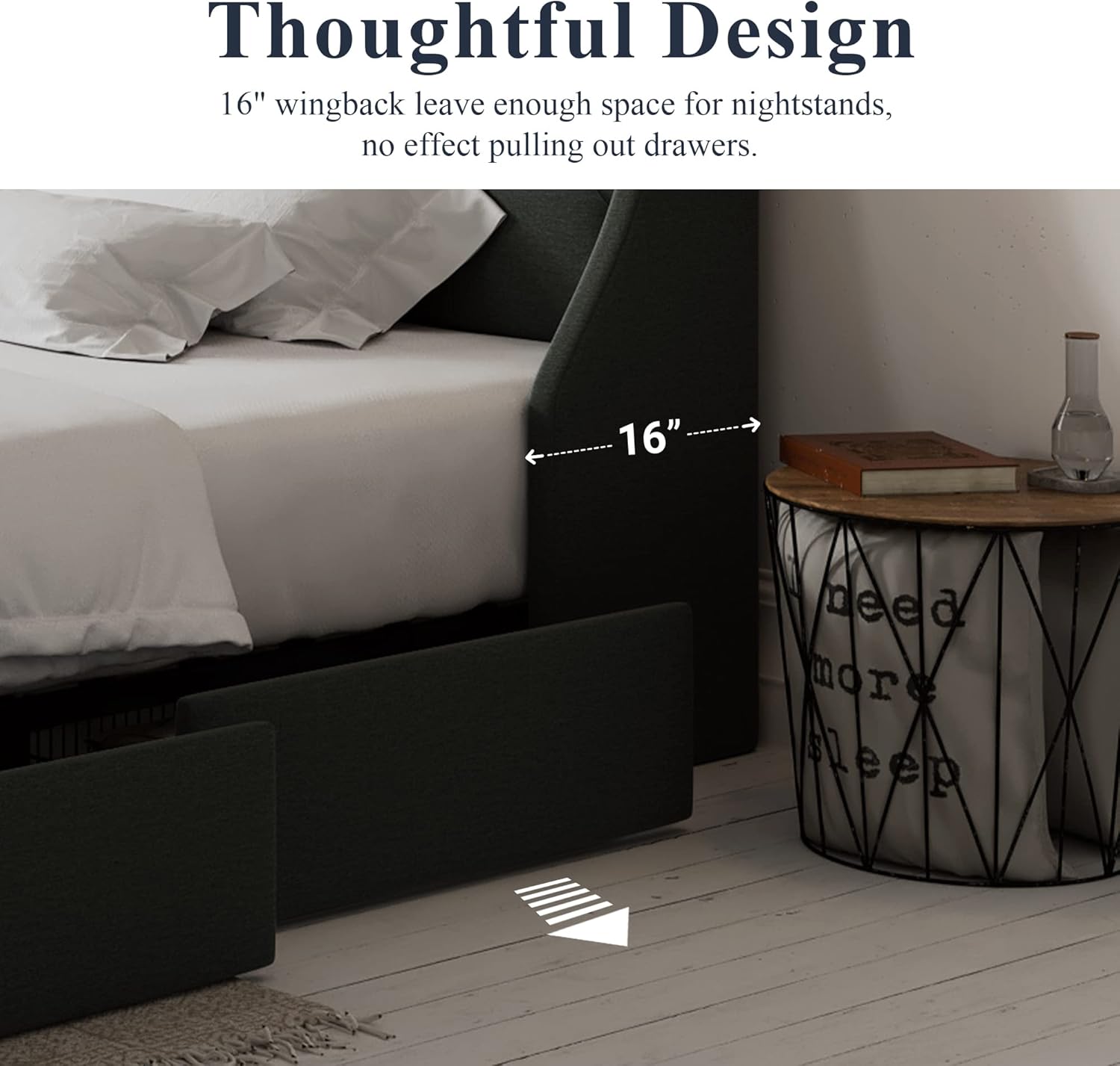 Allewie Full Size Bed Frame with 4 Storage Drawers and Wingback Headboard, Button Tufted Design, No Box Spring Needed, Dark Grey