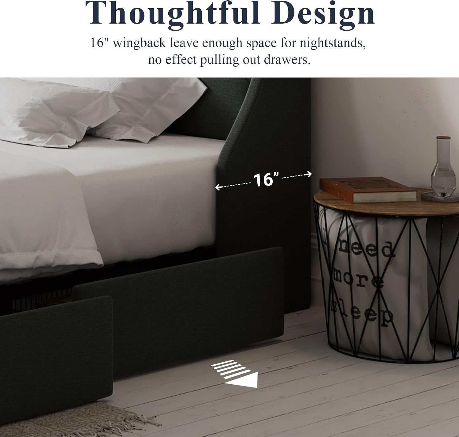 Allewie Queen Bed Frame with 4 Storage Drawers and Wingback Headboard, Button Tufted Design, No Box Spring Needed, Dark Grey