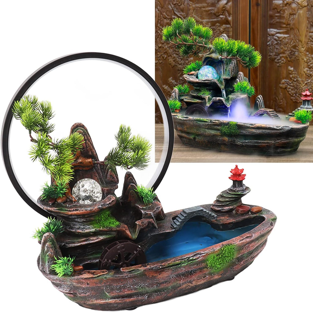 Walfront Waterfall Fountain Decoration, Waterfall Fountain, Waterfall Fountain LED Light Indoor Tabletop Fountain with Plants Mountain Lamp Loop Resin Desktop Waterfall Ornament for