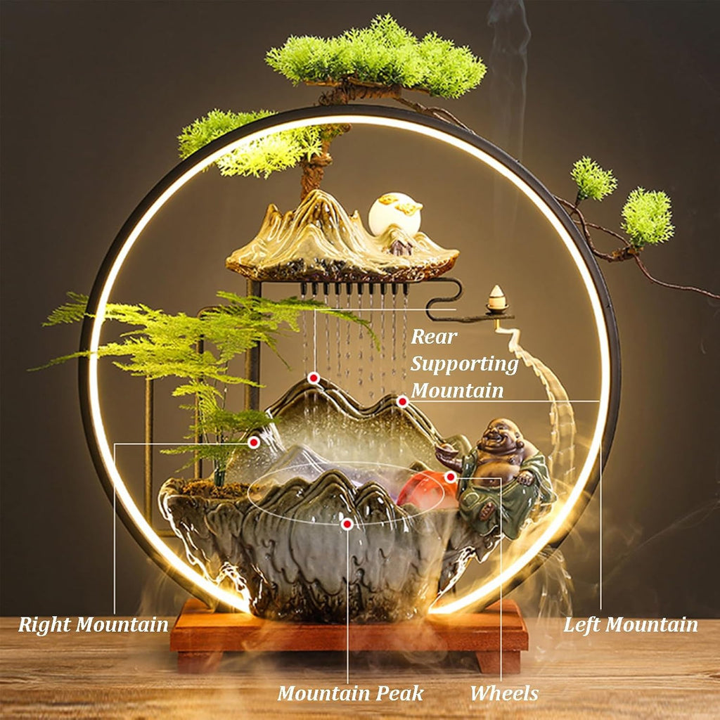 Tabletop Fountain with LED Light, Indoor Waterfall Fountain with Water Wheel & Wood Base, Chinese-Style Creative Water Feature for Office Living Room Bedroom(A)