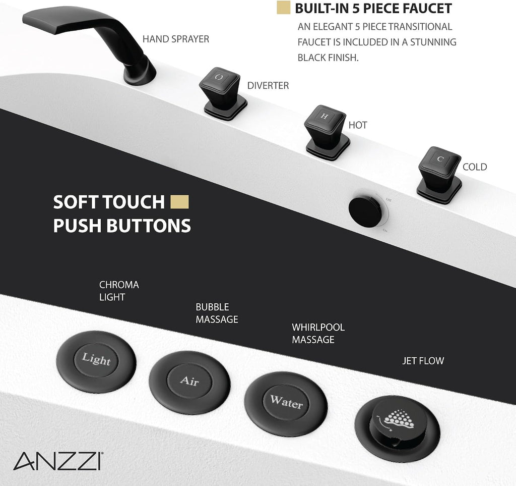 ANZZI 67 in. x 32 in. Flat Bottom Stone Resin Freestanding 92 Gallon Combination Bathtub with Center Drain in Black and White