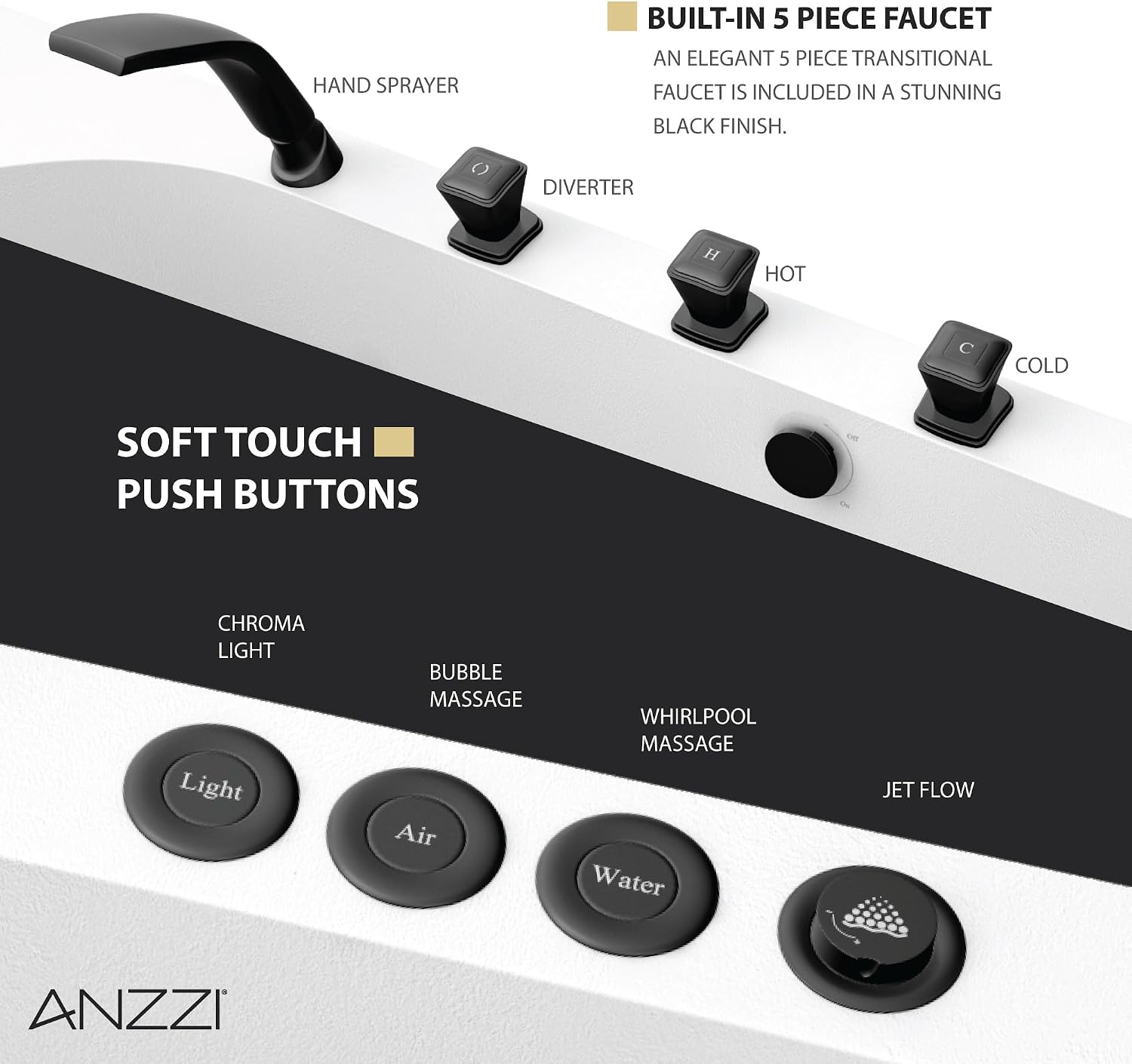 ANZZI 67 in. x 32 in. Flat Bottom Stone Resin Freestanding 92 Gallon Combination Bathtub with Center Drain in Black and White