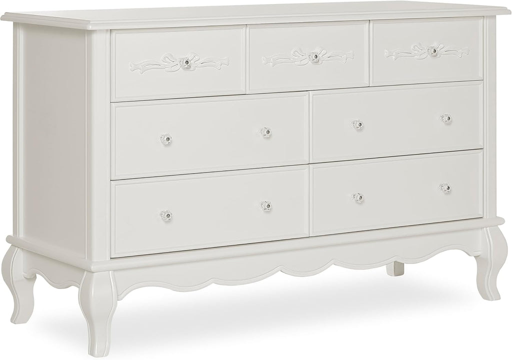 Evolur Aurora 7-Drawer Nursery Dresser – Ivory Lace | Assembled Double Dresser with Crystal Knobs, Queen Anne Legs, Large Storage for Baby Essentials
