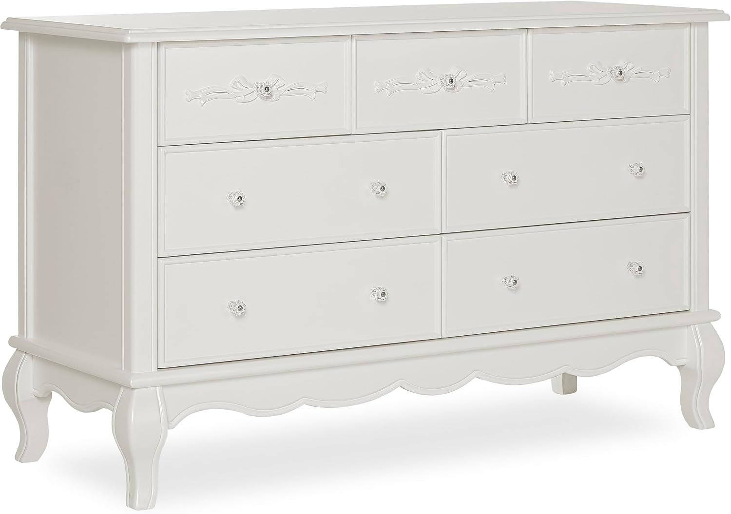 Evolur Aurora 7-Drawer Nursery Dresser – Ivory Lace | Assembled Double Dresser with Crystal Knobs, Queen Anne Legs, Large Storage for Baby Essentials