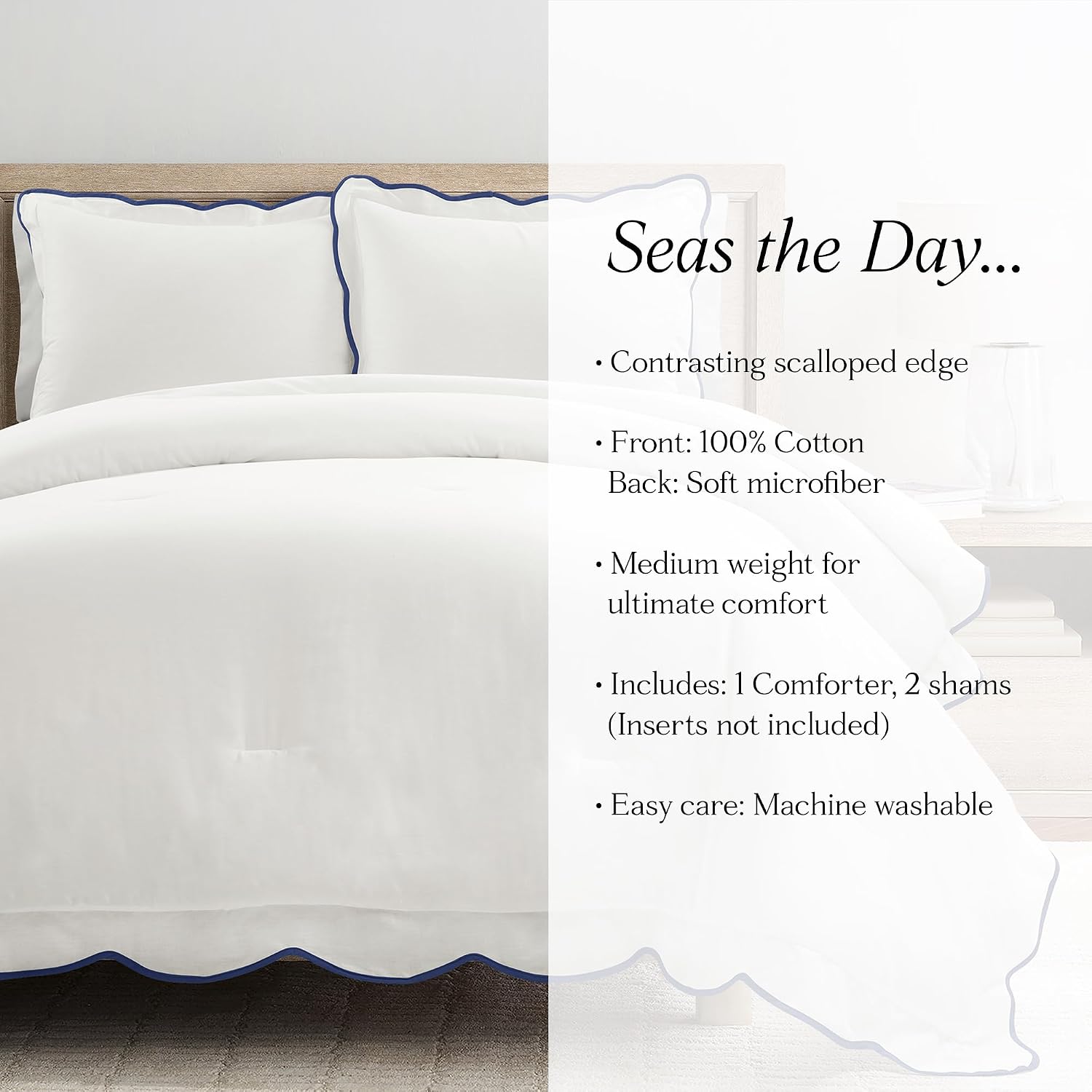 Lush Decor Coastal Chic Scalloped Edge Comforter Set, 3 Piece Set Full/Queen, Navy & White - Queen Bedding Set - White Comforter - Coastal Decor