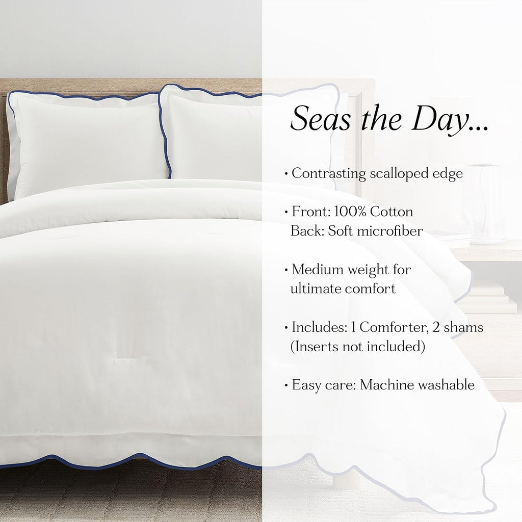 Lush Decor Coastal Chic Scalloped Edge Comforter Set, 3 Piece Set King/California King, Navy & White - King Bedding Set - White Comforter King Size - Coastal Decor