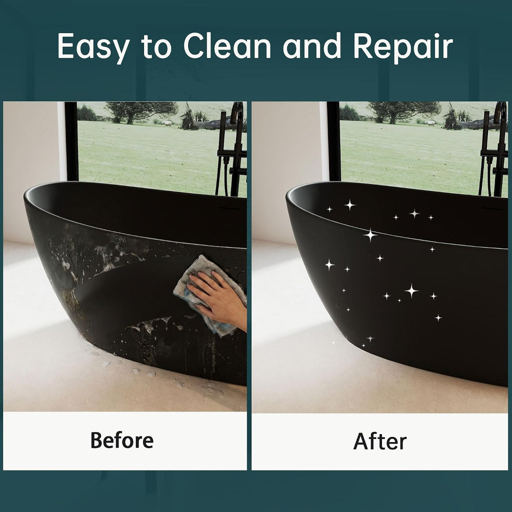 65' Stone Resin Black freestanding bathtubs，Transparent Oval Freestanding Tub Deep Soaking Bathtub Modern Tubs with Overflow and Pop-up Drain in Black
