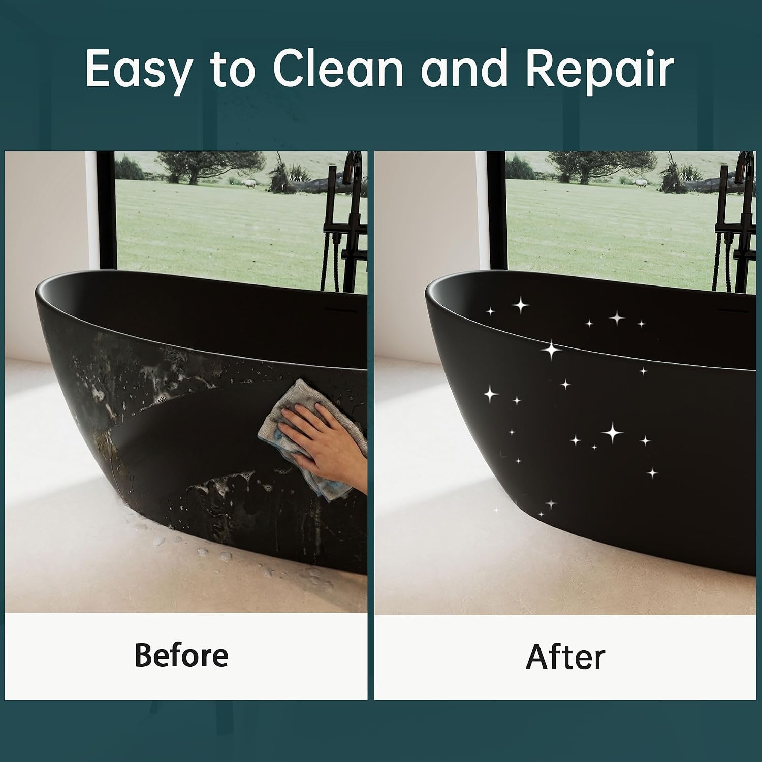 65' Stone Resin Black freestanding bathtubs，Transparent Oval Freestanding Tub Deep Soaking Bathtub Modern Tubs with Overflow and Pop-up Drain in Black