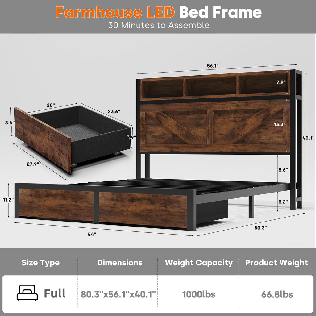 Incyneva Farmhouse Full Bed Frame with Bookcase Storage Headboard, Charging Station, LED Light and 2 Storage Drawers, Noise Free, No Box Spring Needed, Brown