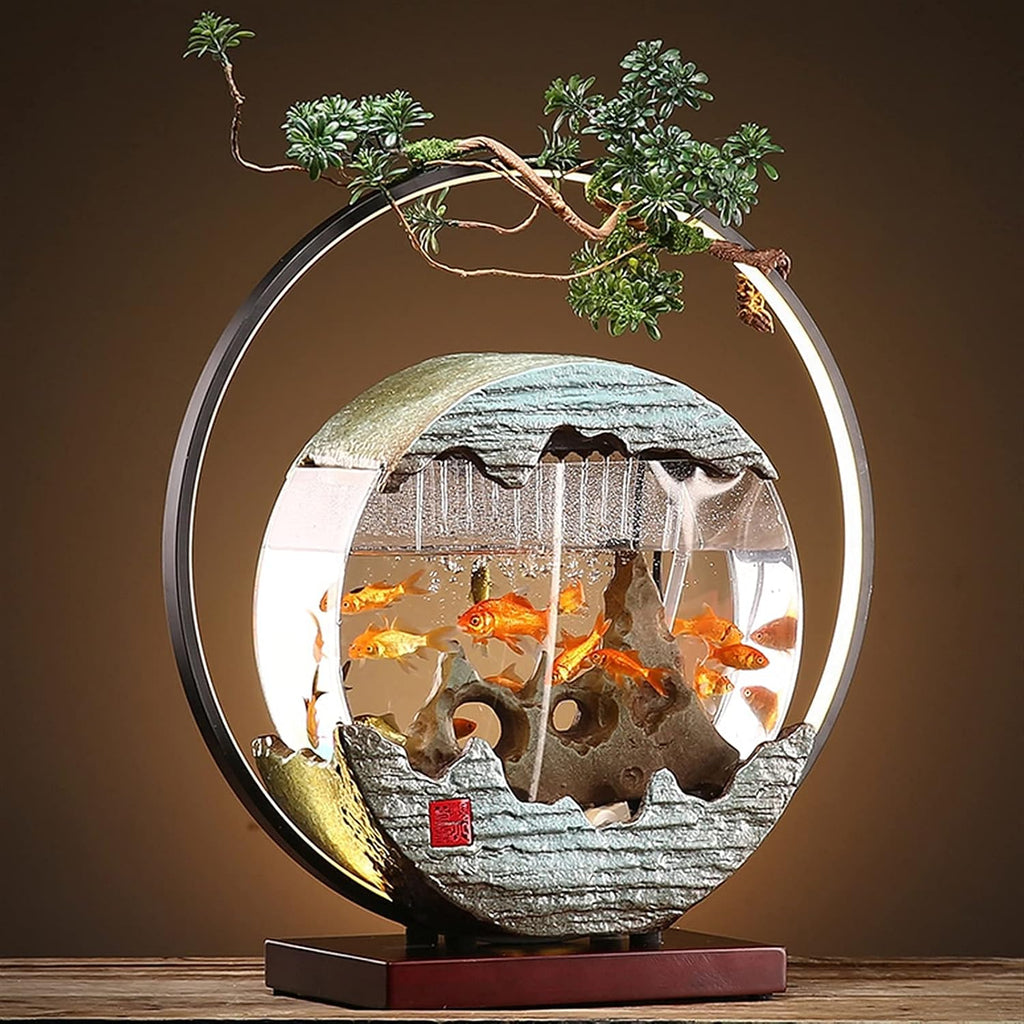 WASHLA Creative Tabletop Fountain with LED Light Ring, Warm Light That is Not Dazzling, and a Glass Fish Tank, Suitable for Multiple Scenes