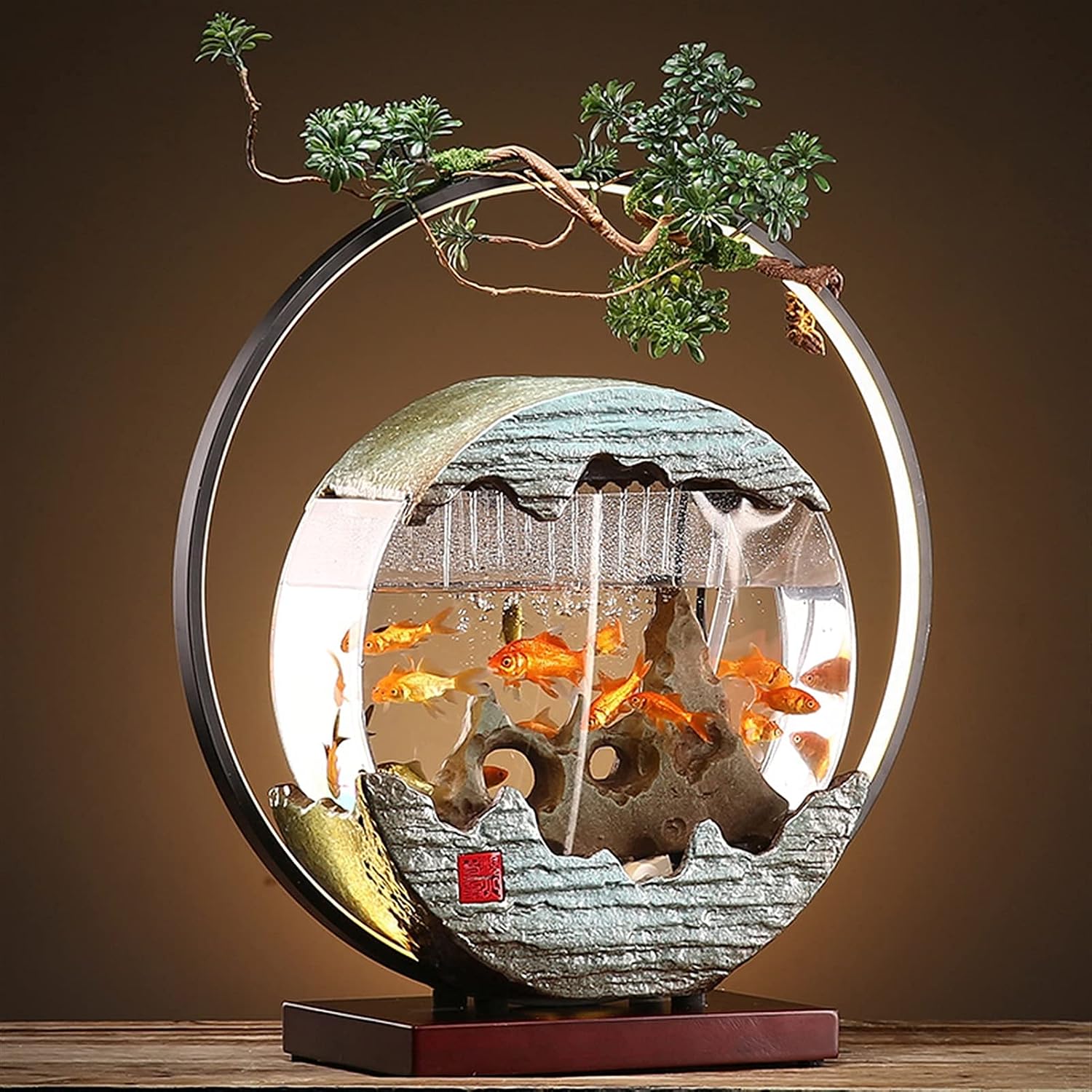 WASHLA Creative Tabletop Fountain with LED Light Ring, Warm Light That is Not Dazzling, and a Glass Fish Tank, Suitable for Multiple Scenes