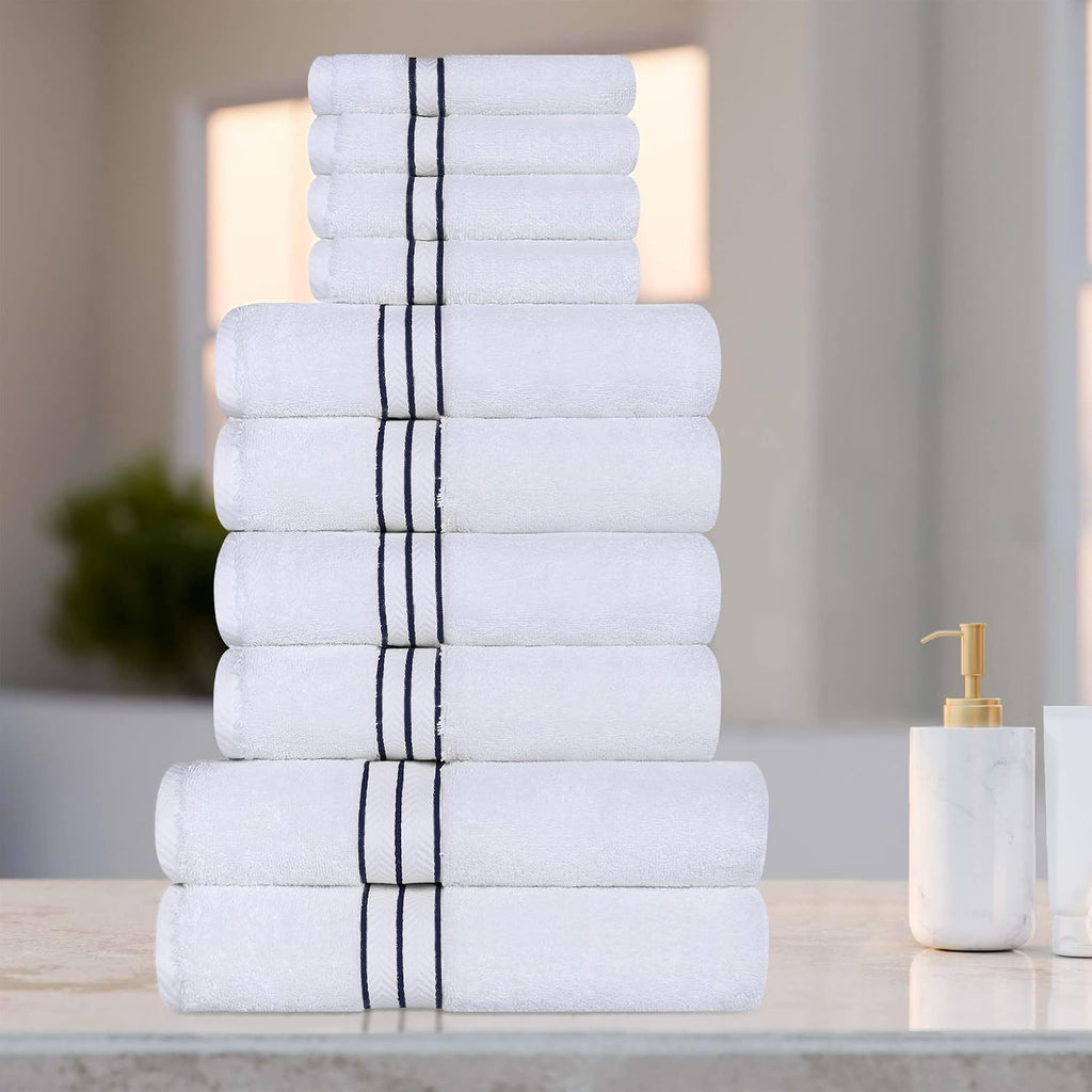 Superior Hotel Turkish Cotton 10 Piece Towel Set, Ultra Plush Spa Quality Heavyweight Essentials for Bathroom, Thick Absorbent and Soft, Dobby Border, Includes 2 Bath 4 Hand 4 Washcloths, Navy Blue