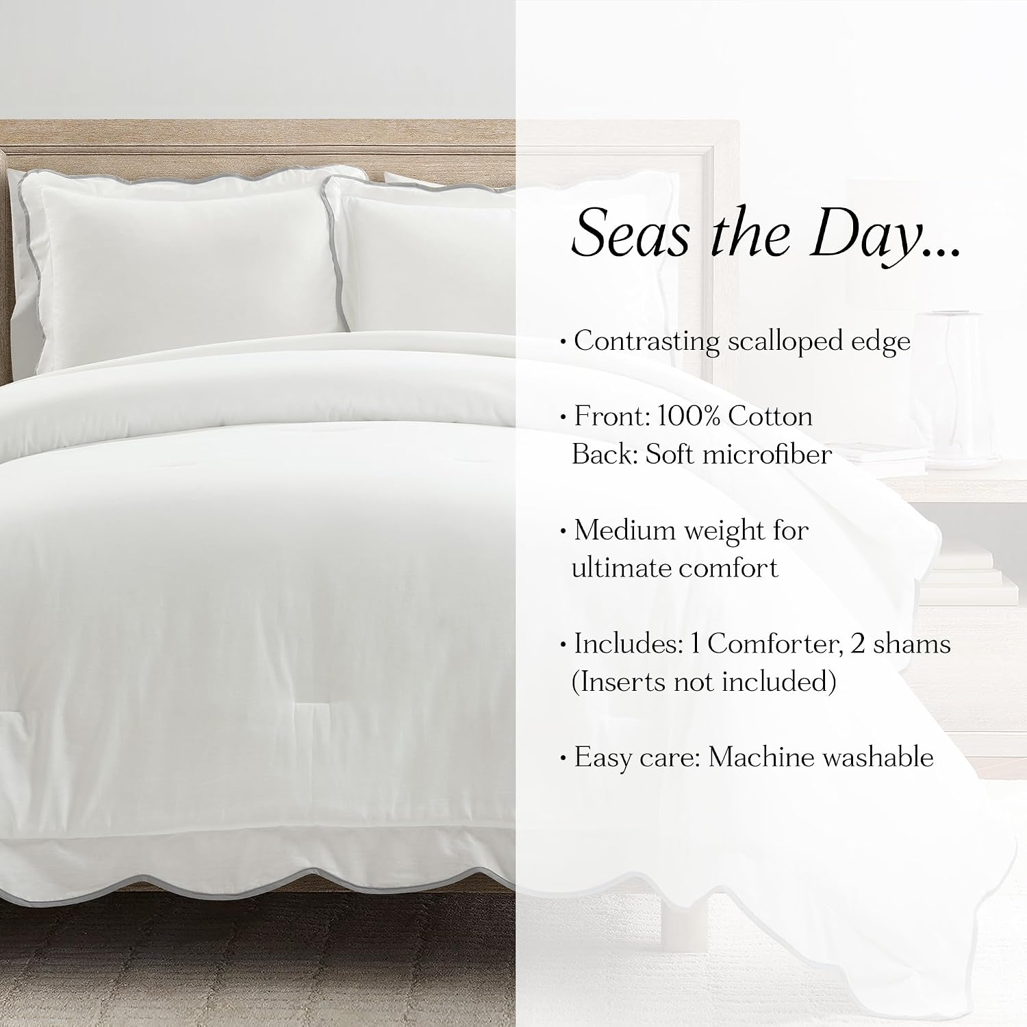 Lush Decor Coastal Chic Scalloped Edge Comforter Set, 3 Piece Set Full/Queen, Gray & White - Queen Bedding Set - White Comforter - Coastal Decor