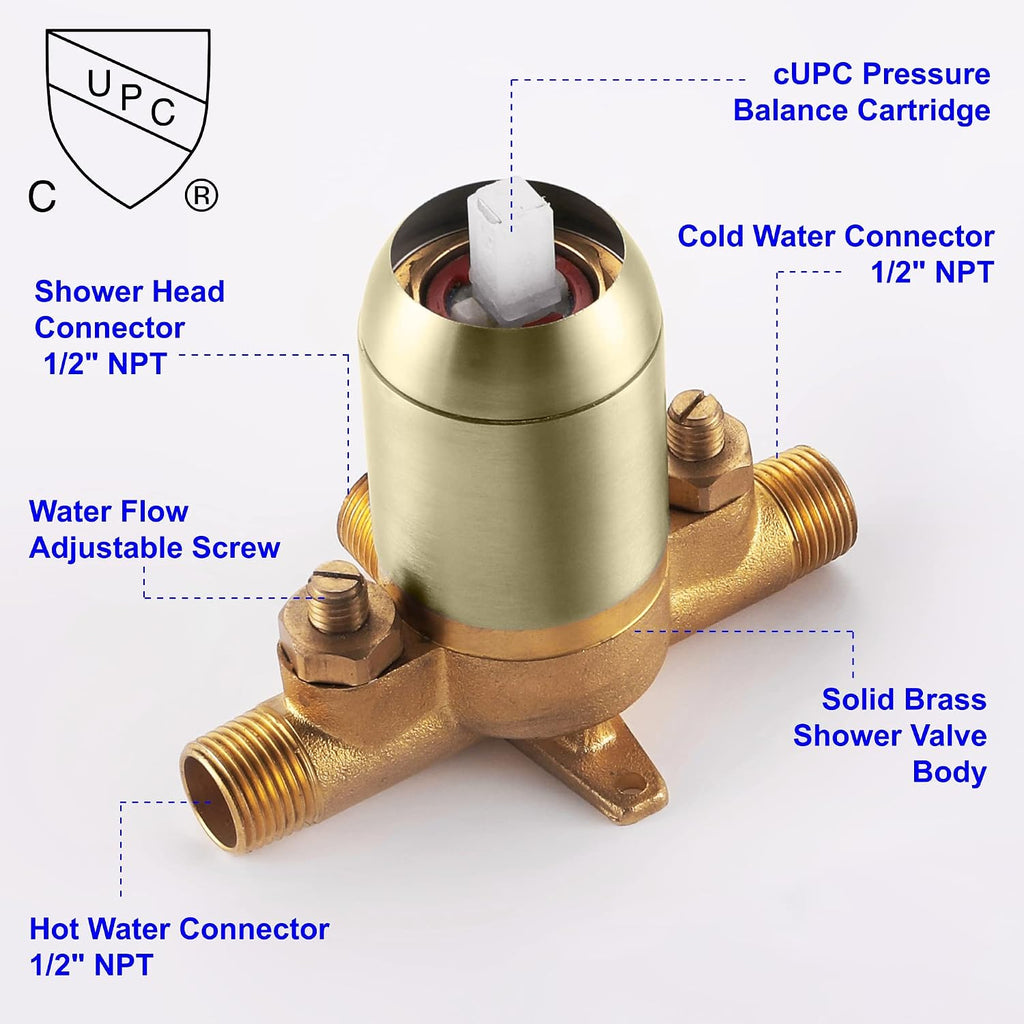 Wall Mounted Shower Faucet Set, Shower Fixtures Shower Mixer, Single Function Shower Trim Kit Pressure Balancing Shower System with Single Spray Detachable Clean Shower Head,Brushed Gold