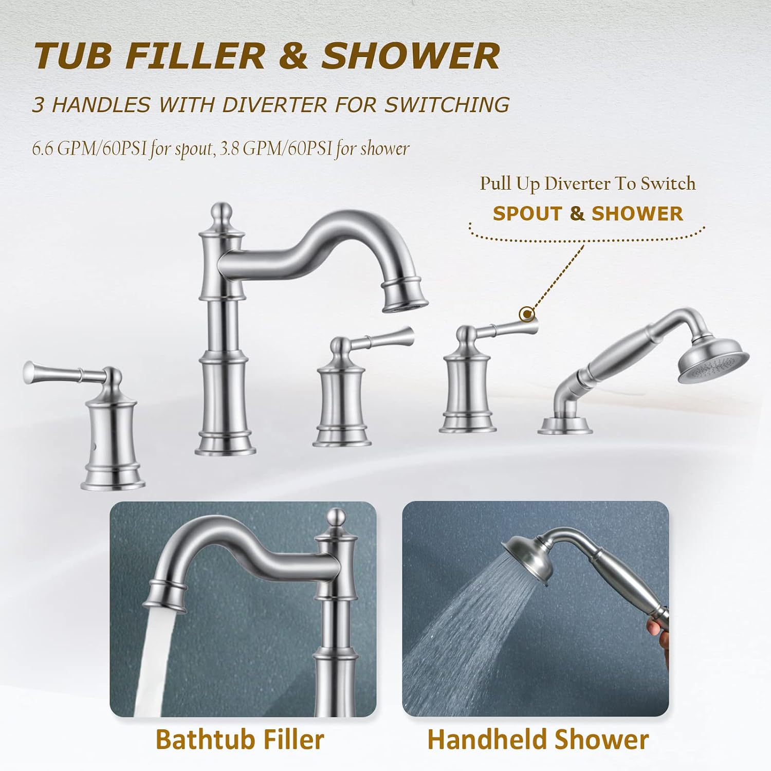 Roman Tub Faucet Set With Handheld Shower 5 Hole Deck Mount Tub Filler With Diverter, 3 Lever Handle Rough-in Valve and Water Supply Lines Included for Bathroom Tub, Brushed Nickel