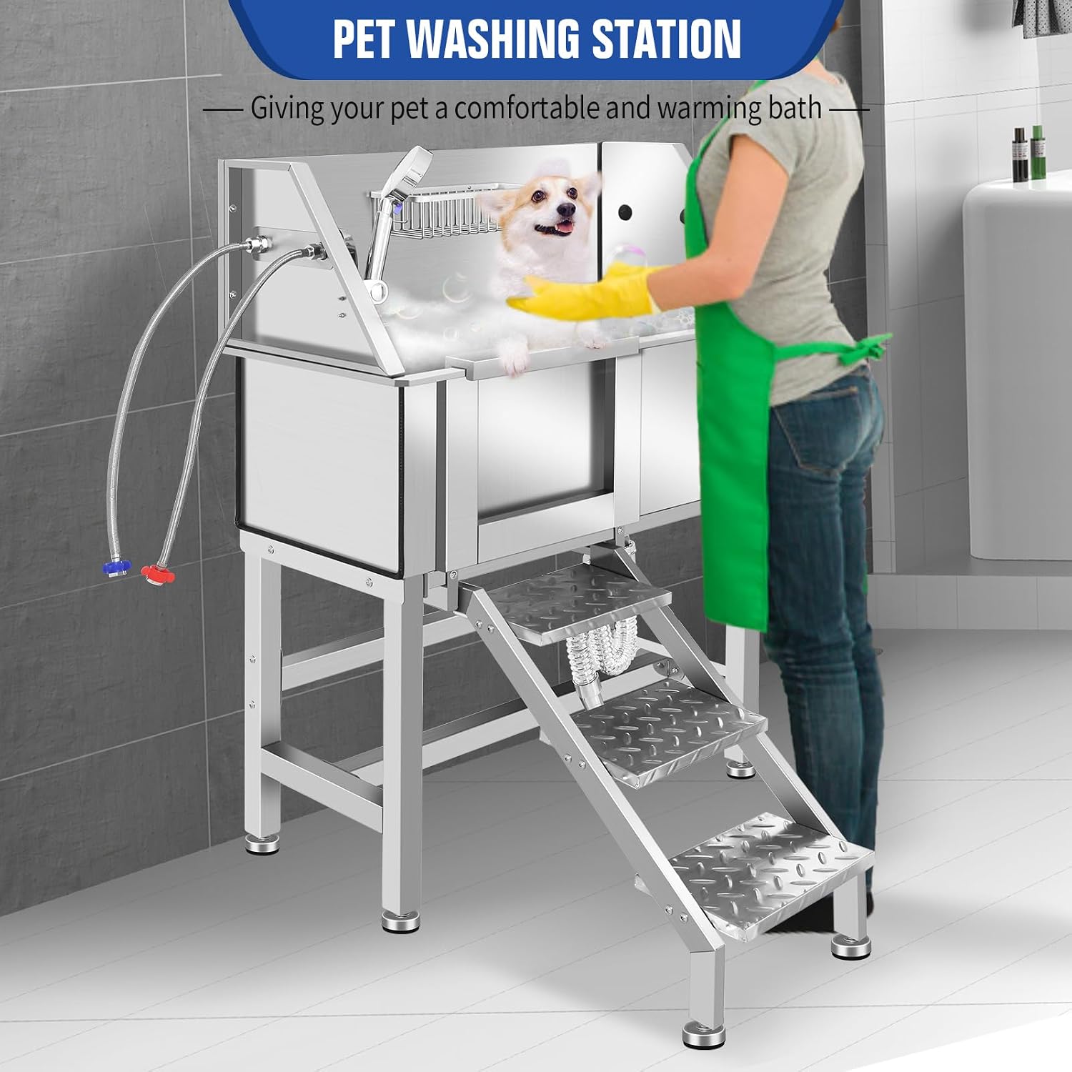Dog Grooming Tub, L Pet Wash Station, Professional Stainless Steel Pet Grooming Tub With Ramp, Faucet, Sprayer, And Drain Kit