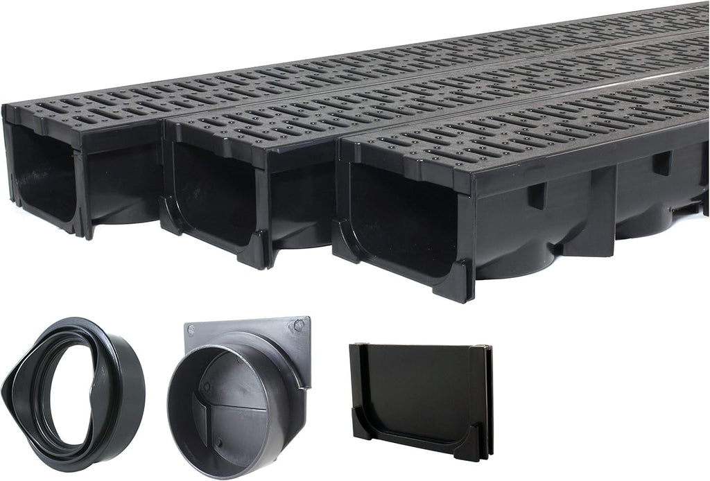 URA WATER - Model UA-100 - Drainage Trench Set - Channel Drain with Grate - Black Plastic - 3 x 39 - (117' Total Length)