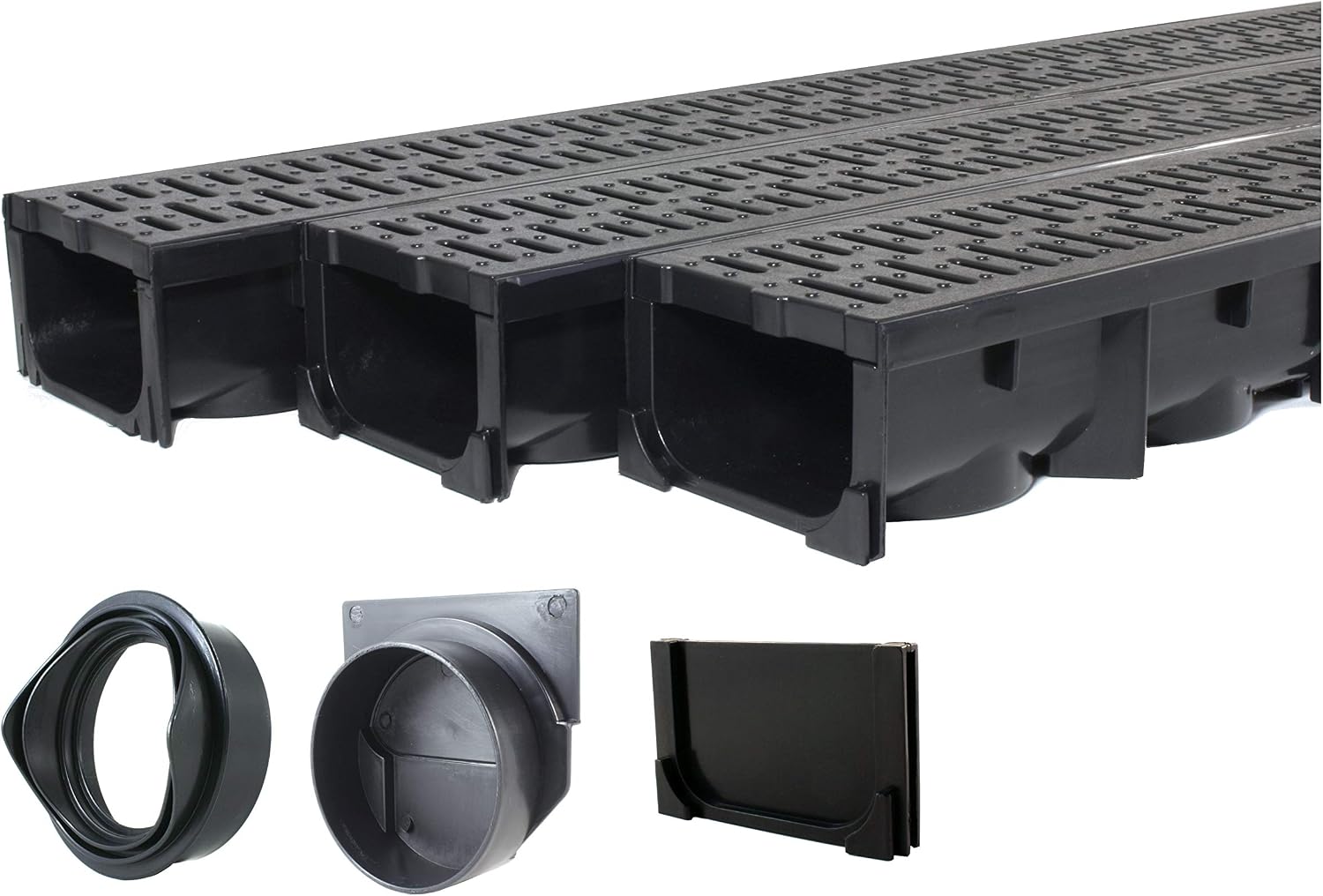 URA WATER - Model UA-100 - Drainage Trench Set - Channel Drain with Grate - Black Plastic - 3 x 39 - (117' Total Length)