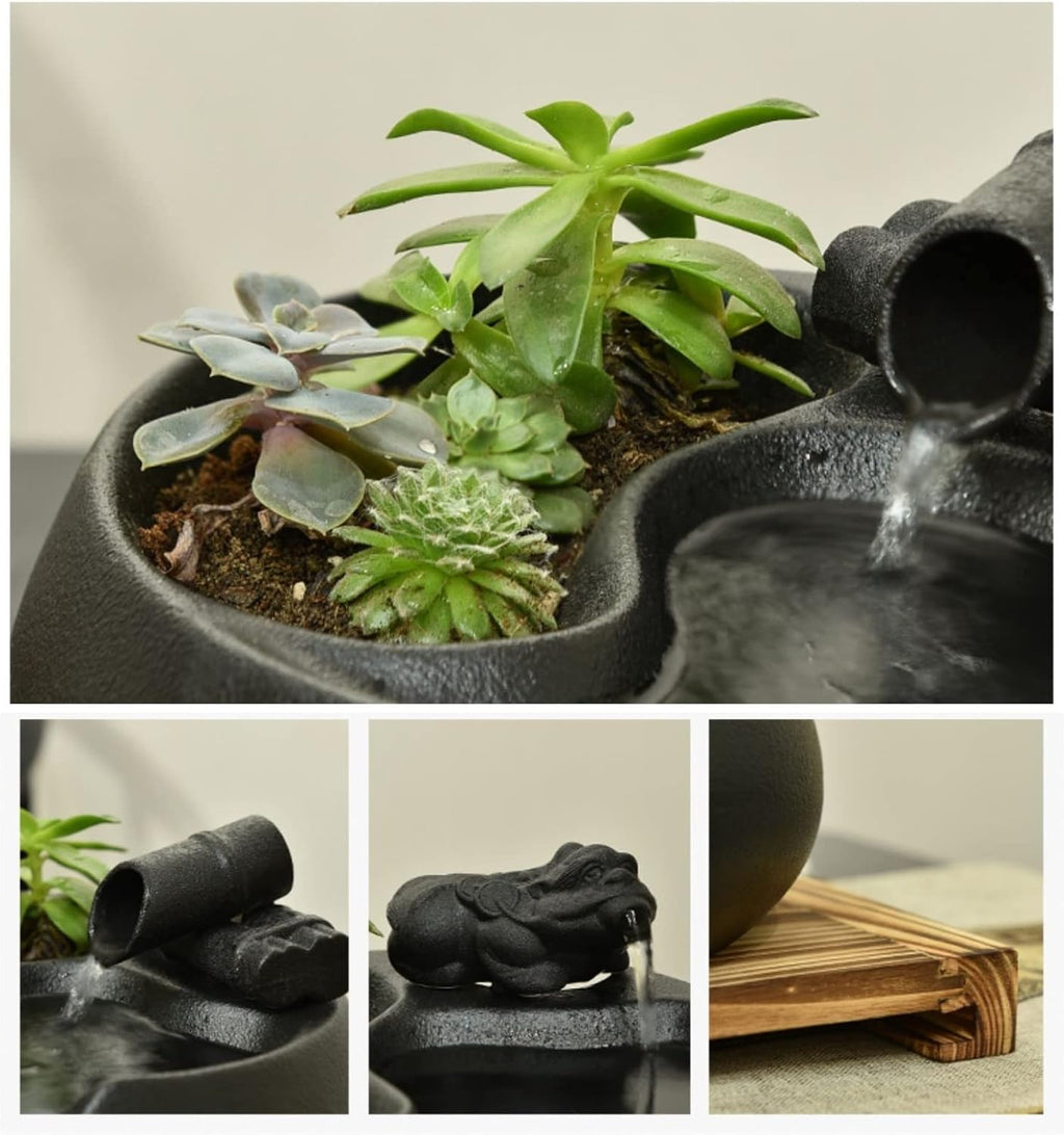 HIHELO Desktop Fountain Ceramic Tabletop Fountain for Indoor and Outdoor Office Patio Black Ceramic Fountain with Pump and Wooden Base Water Fountain Outdoor (Color : B)