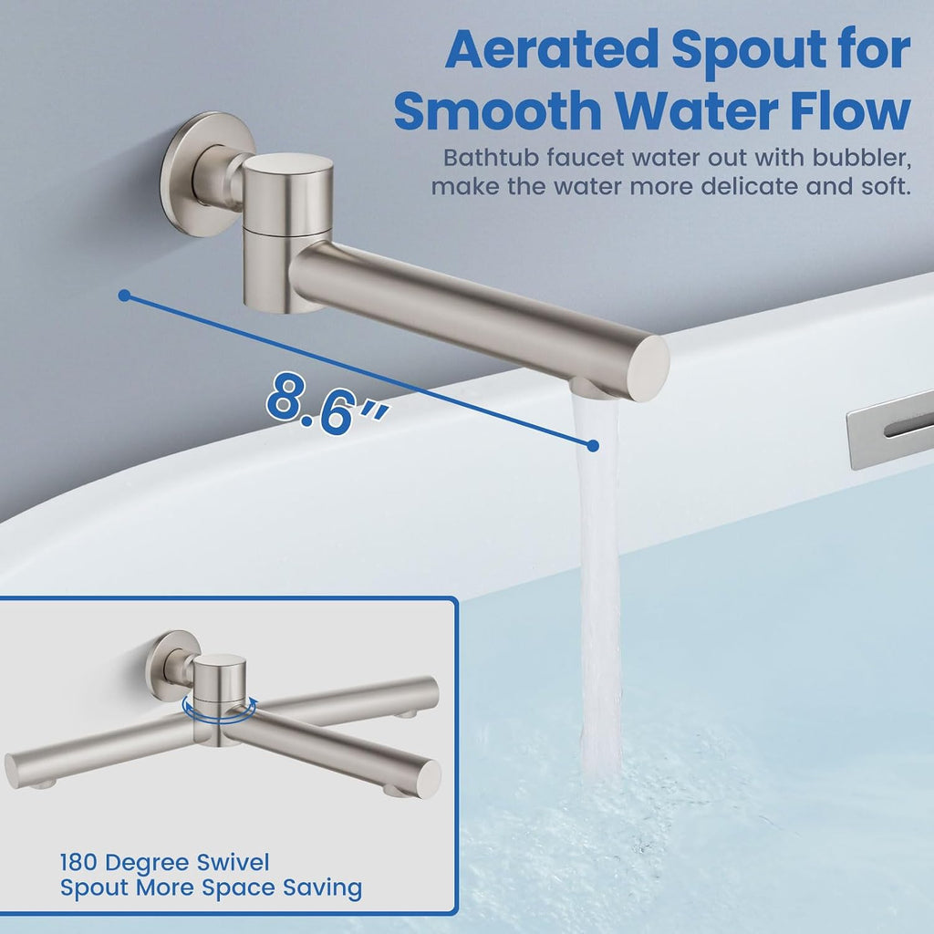 Airuida 3-Function Shower System with Tub Spout – Round Rainfall Shower Faucet Combo,Handheld Spray with 2 Functions,Includes Rough-In Valve with 360° Rotating Drain,8 Inch Shower Head,Brushed Nickel