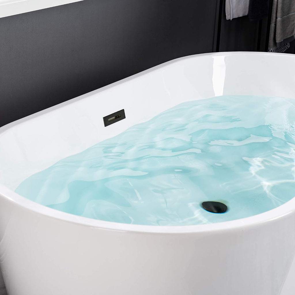 WOODBRIDGE 59' Freestanding White Acylic Soaking Bathtub with White Pillow,Drain and Overflow in Matte Black,BTA1514 -MB-Drain &O+ Pillow