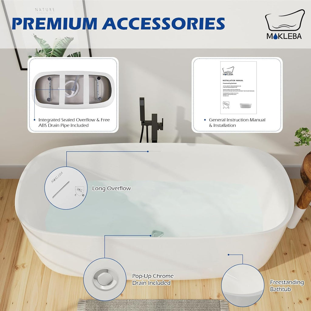 59' Lucite Acrylic Freestanding Bathtub, Rectangular Shape Contemporary Soaking Tub with Toe-tap Chrome Center Drain, Slotted Overflow, cUPC Certified, Glossy White