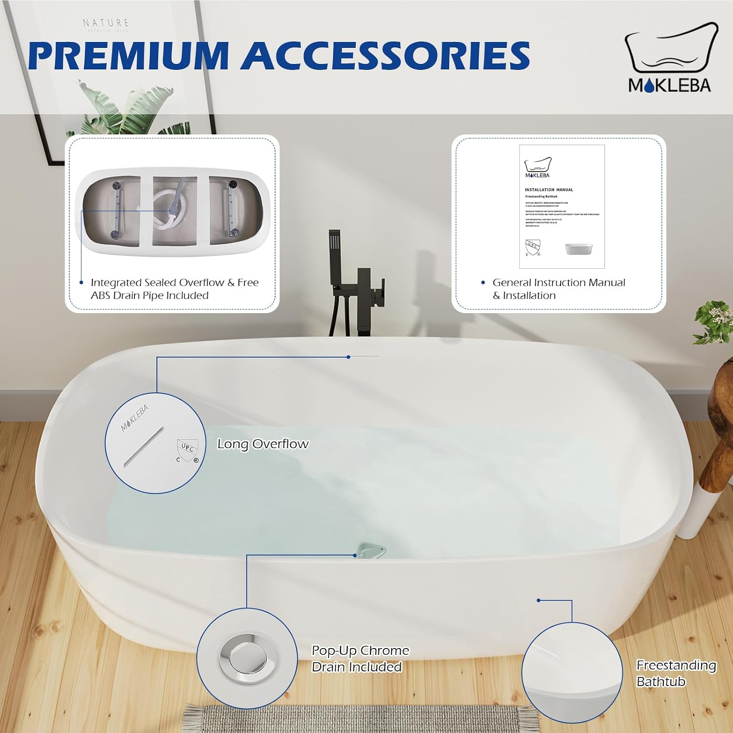 59' Lucite Acrylic Freestanding Bathtub, Rectangular Shape Contemporary Soaking Tub with Toe-tap Chrome Center Drain, Slotted Overflow, cUPC Certified, Glossy White
