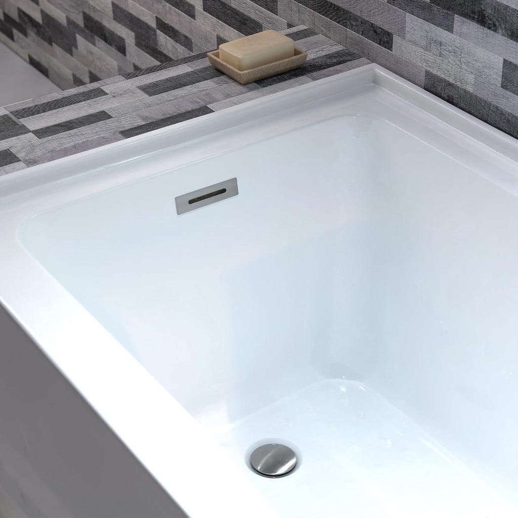 WOODBRIDGE 60' Acrylic Rectangular Alcove Soaking Bathtub in White with Left Drain, Brushed Nickel pop-up Drain Included, LB428-L