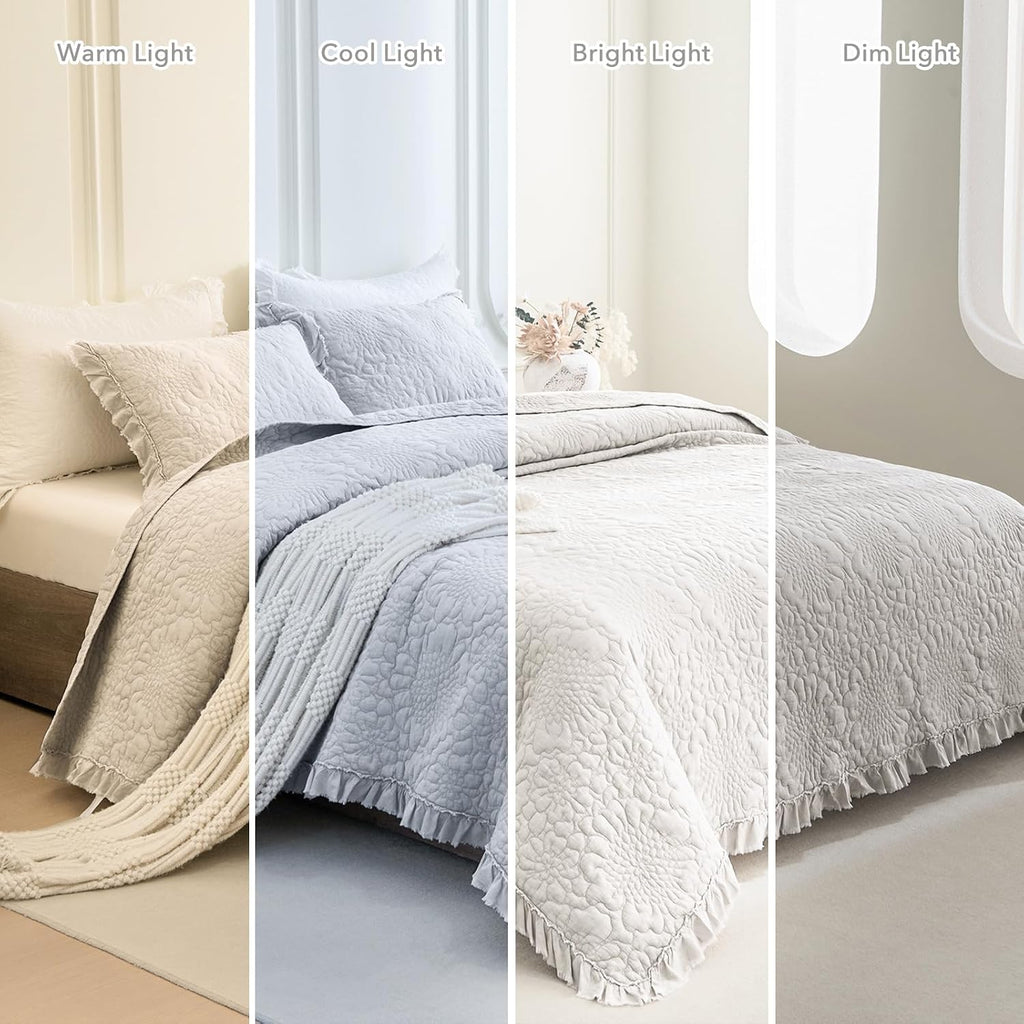 QSH Light Wheat Oversized King Quilt Bedspread Set(120'x120'),3PCs Stonewashed Cotton Ruffled Quilt California King,Ultra Soft Lightweight Crinkled Shabby Farmhouse Chic Bedspread Coverlet Bedding Set