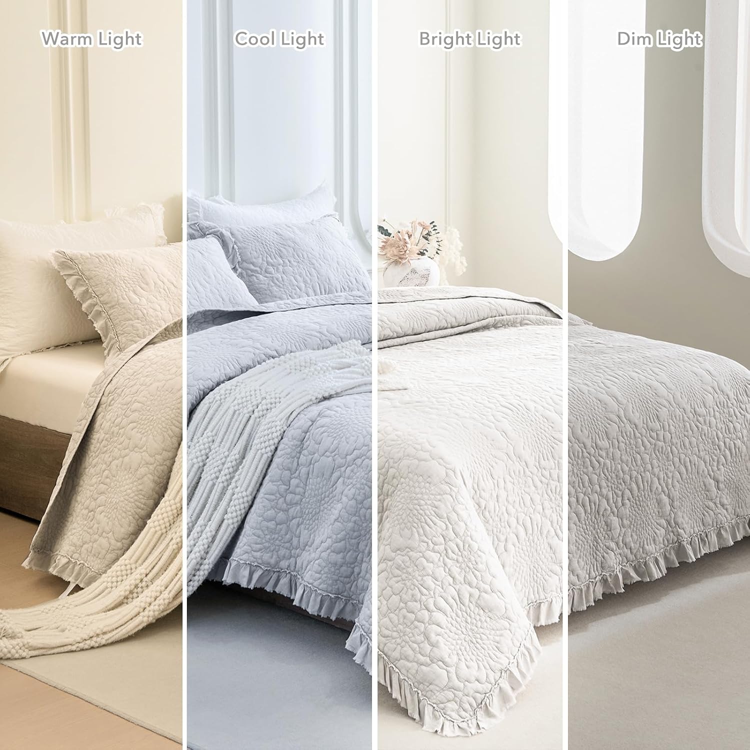 QSH Light Wheat Oversized King Quilt Bedspread Set(120'x120'),3PCs Stonewashed Cotton Ruffled Quilt California King,Ultra Soft Lightweight Crinkled Shabby Farmhouse Chic Bedspread Coverlet Bedding Set