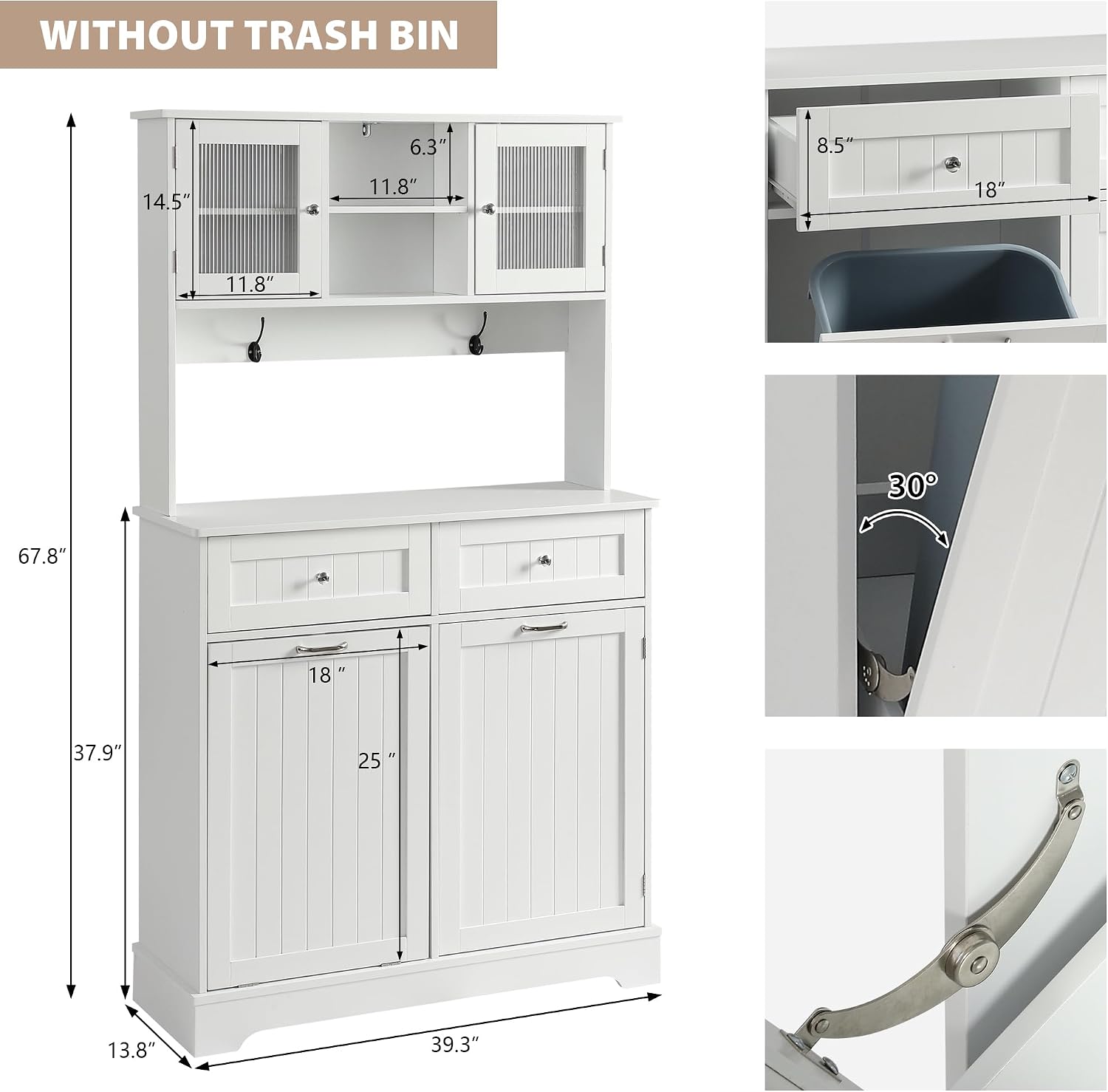 Tilt Out Trash Cabinet,Storage Cabinet,Two Solid Wood Hideaway Trash Holder Drawers,Wooden Freestanding Recycling Cabinets,Trash Can for Kitchen,White