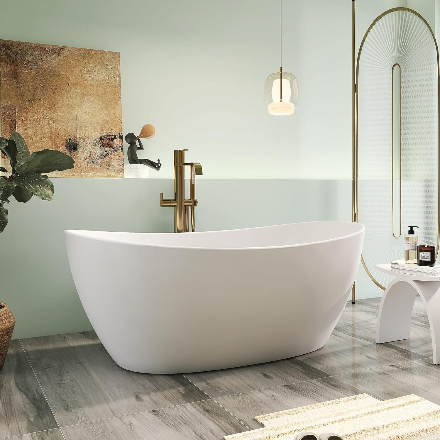 65' Premium Solid Surface Freestanding Bathtub, Contemporary Design Stand Alone Stone Resin Tub with Overflow and Pop-up Drain, Matte White