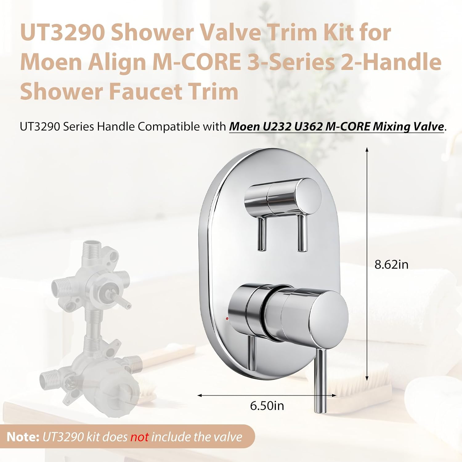 UT3290 Shower Valve Trim Kit for Moen Align Chrome M-CORE 3-Series 2-Handle Shower Faucet Trim, for Shower Handle UT3290BL UT3290BN UT3290BG, Include 1213 Cartridge, U232 U362 Valve Required. -2 Year