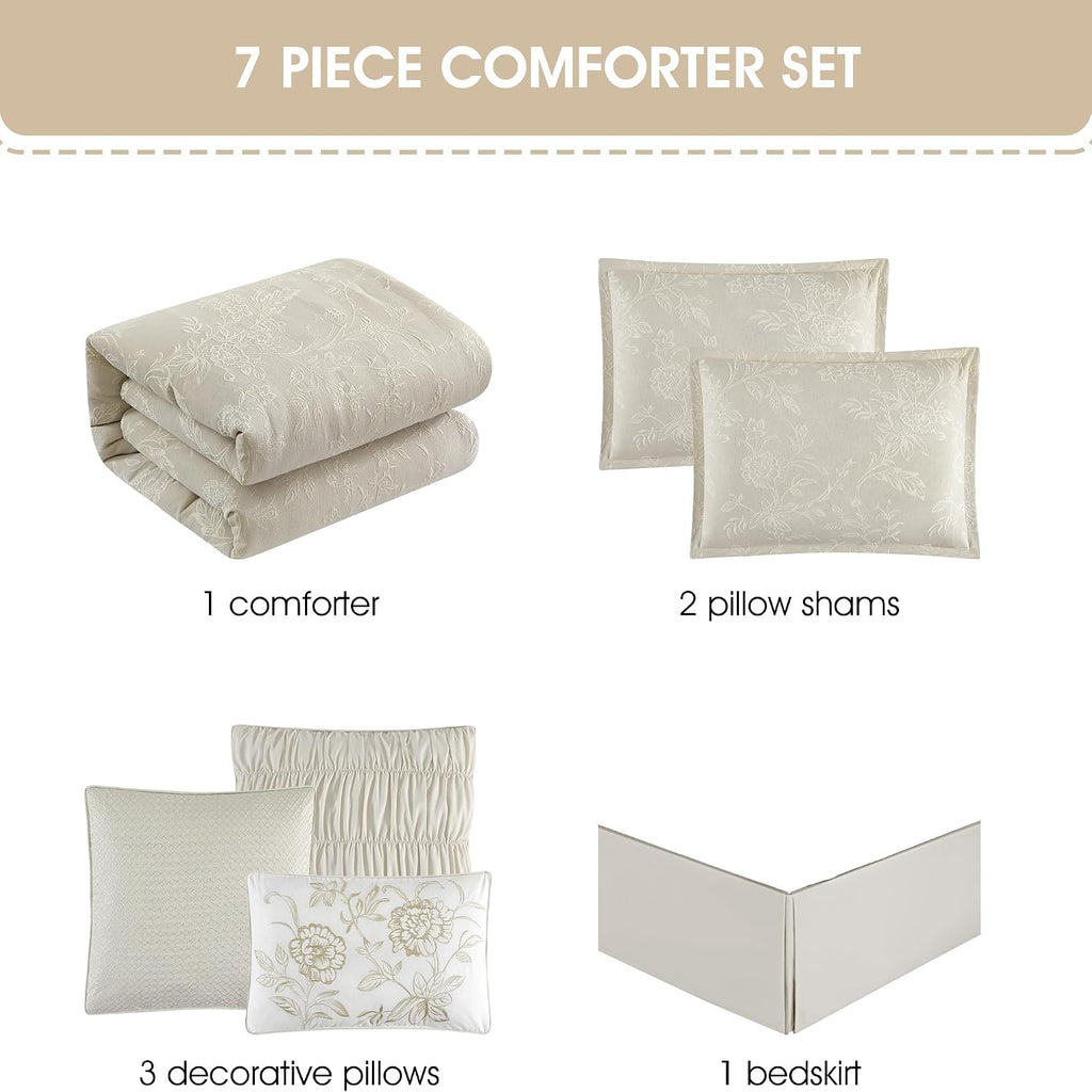 Grand Avenue Beige Cotton Blend Comforter Set, Elegant 7 Piece, Floral Jacquard Queen Size Bedding, All Season, Bedskirt, Pillows & Shams, Home Decor