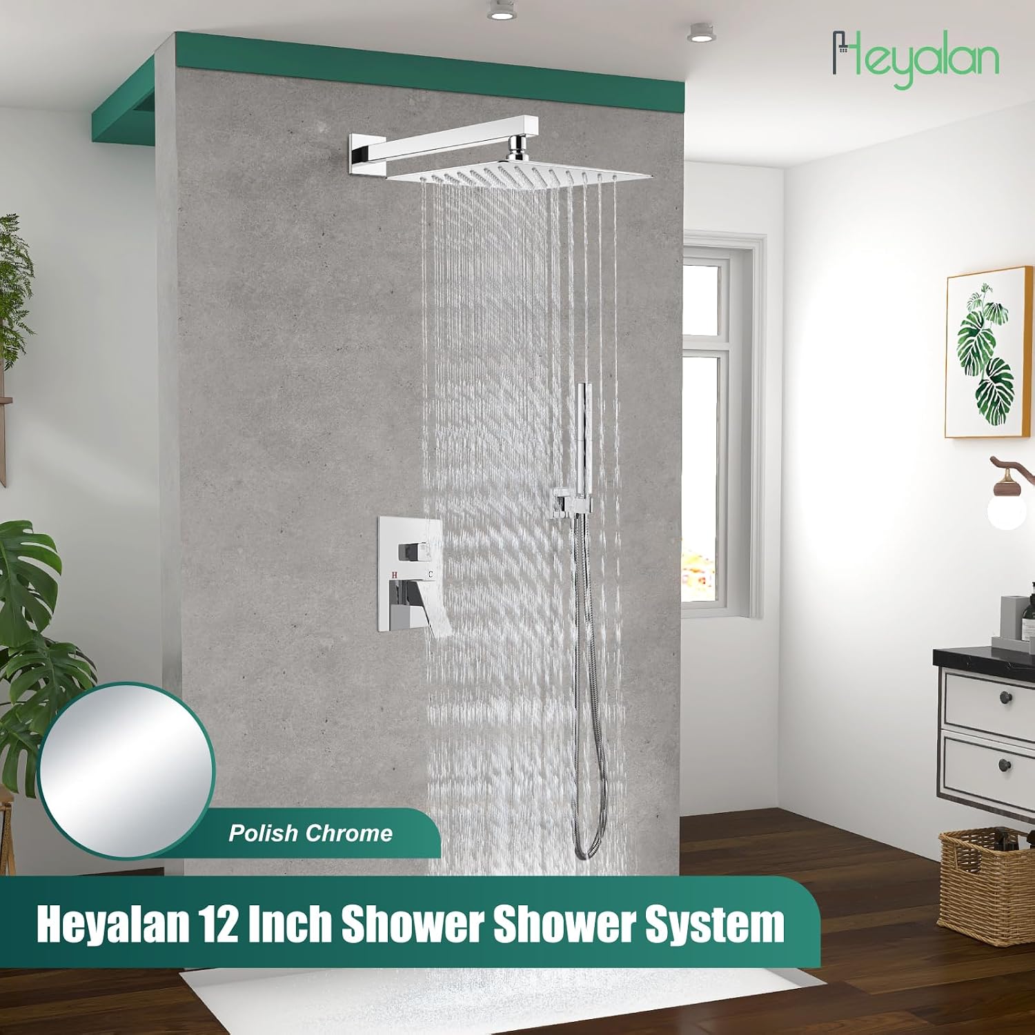 Heyalan Shower System Square Rain Shower System Head Shower Faucet Fixture 2 in 1 Handheld Shower Sprayer Rough in Valve Wall Mount Bathroom Rainfall Combo Set High Pressure,12 Inch,Polished Chrome