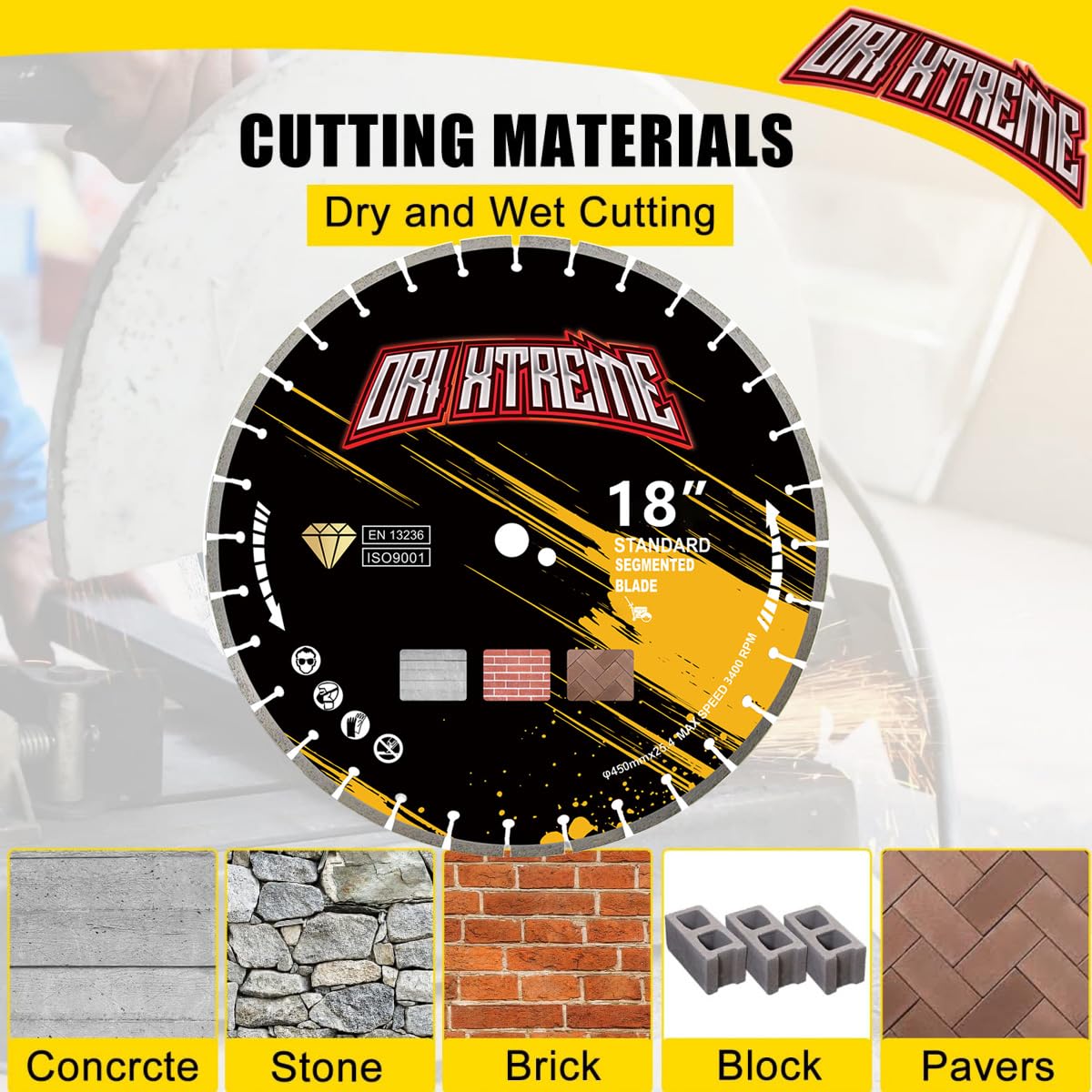 18 Inch Diamond Concrete Saw Blade, Segmented General Purpose Blade Dry/Wet Cutting Concrete, Reinforced Concrete, Green Concrete, Masonry 1' Arbor